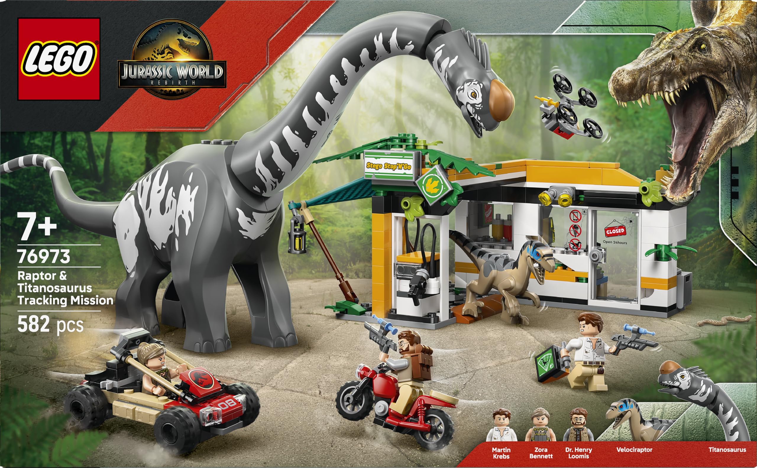 LEGO Jurassic World Na tropie tytanozaura i raptora 76973 | Figurki dinozaurów i pojazdy, zabawka dla 7-latka, prezent dla chłopca lub dziewczynki, klocki dla dzieci, 582 elementy