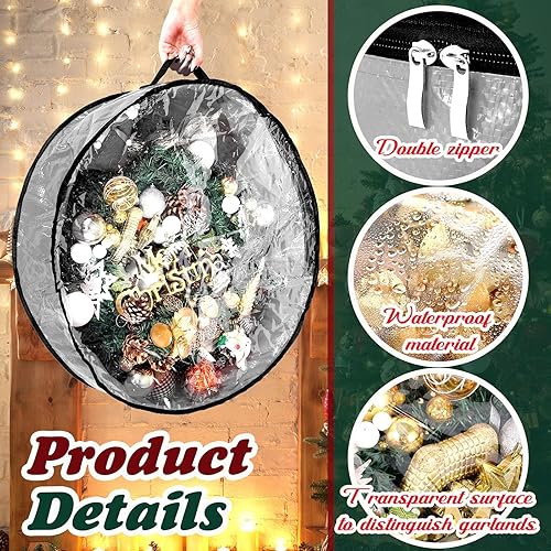 Vista 27 de Dunzy 8 contenedores de corona de Navidad, bolsa de almacenamiento de guirnalda resistente a desgarros, cajas redondas con ventana transparente