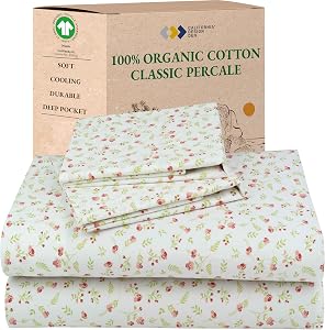 California Design Den 100% Organic Cotton Queen Size Sheets, Floral Print