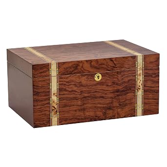Desktop Cigar Handcrafted Bubinga Wood Mapa Burl Decorative Wood Inlay Glass Hygrometer Lock & Key Spanish Cedar Lined, Holds 75-140 Cigars Zurich