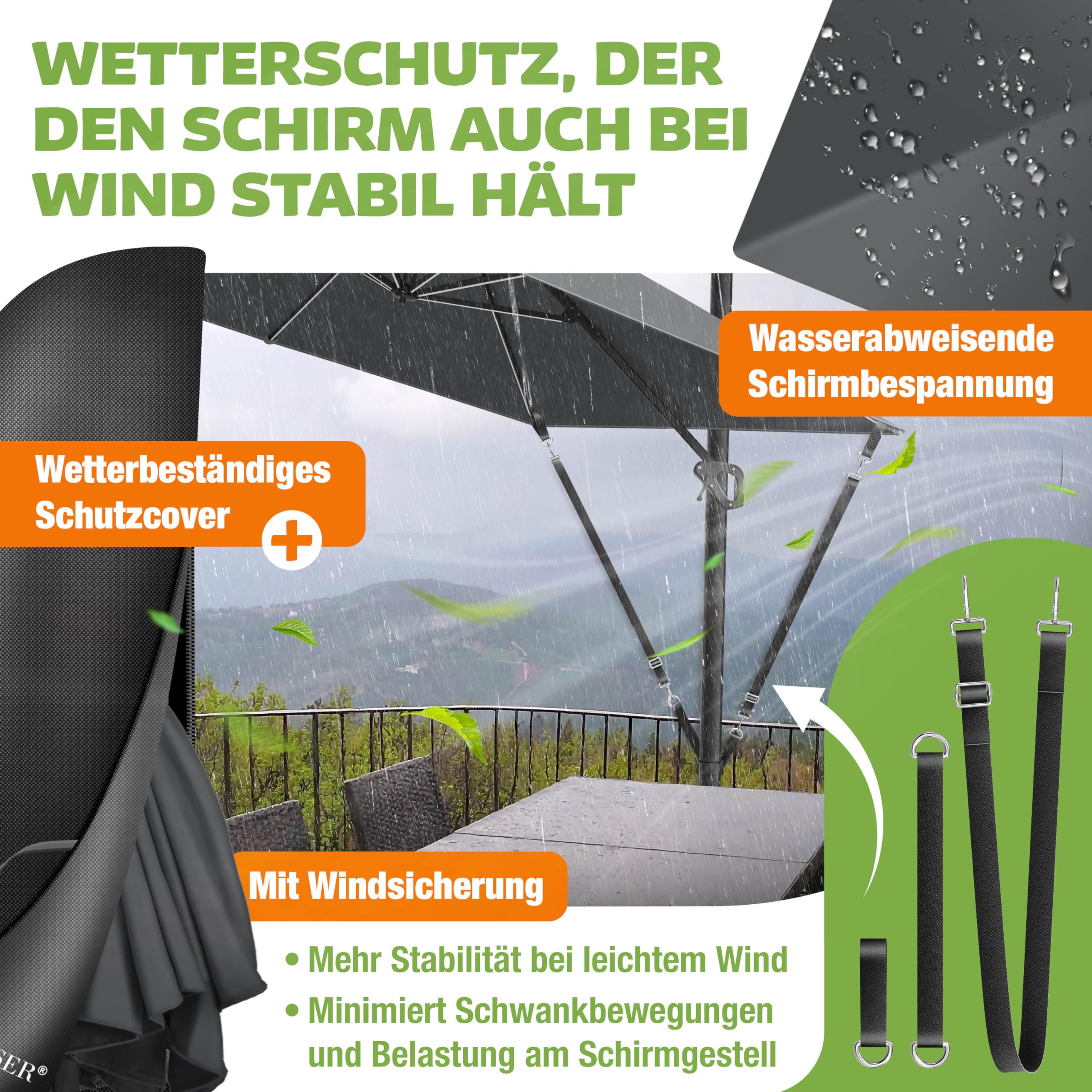 KESSER® Sonnenschirm Ampelschirm SUN XL 300 x 300 cm Inkl. Abdeckung + Windsicherung Drehbar Neigbar Kippbar Marktschirm Groß 360° Rotation, Gartenschirm mit Kurbel Sonnenschutz UV50+, Anthrazit