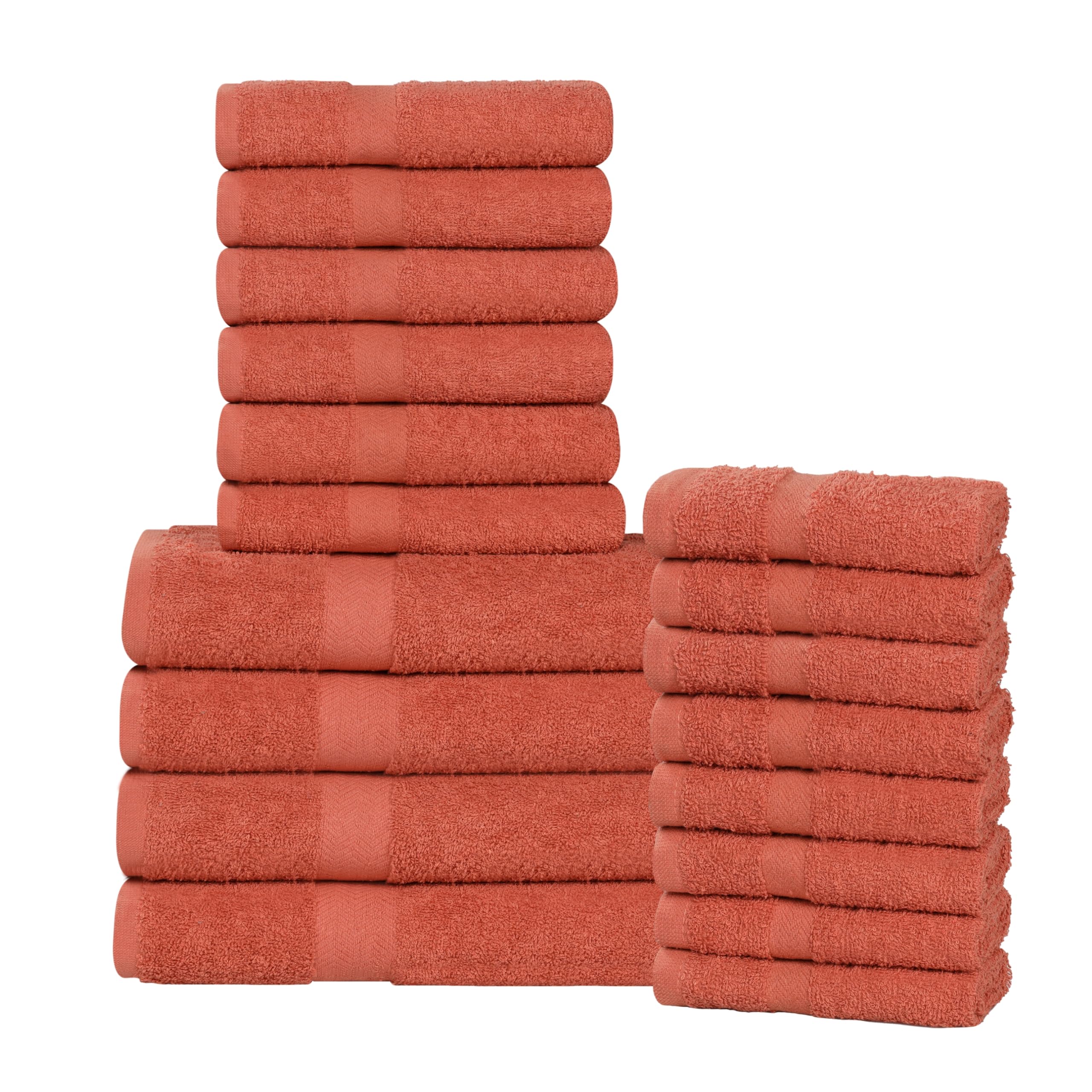 SUPERIOR 18-Piece Cotton Assorted Towel Set, Includes 8 Face/Washcloths, 6 Hand, and 4 Bath Towels, Lightweight Essentials, for Home, Gym, Beach, Bathroom, Quick Drying, Franklin Collection, Coral