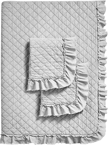 Miniatura 4 de Mélange Home Juego de colchacolcha bordada con volantes de diamante prelavados color gris claro tamaño matrimonial y queen