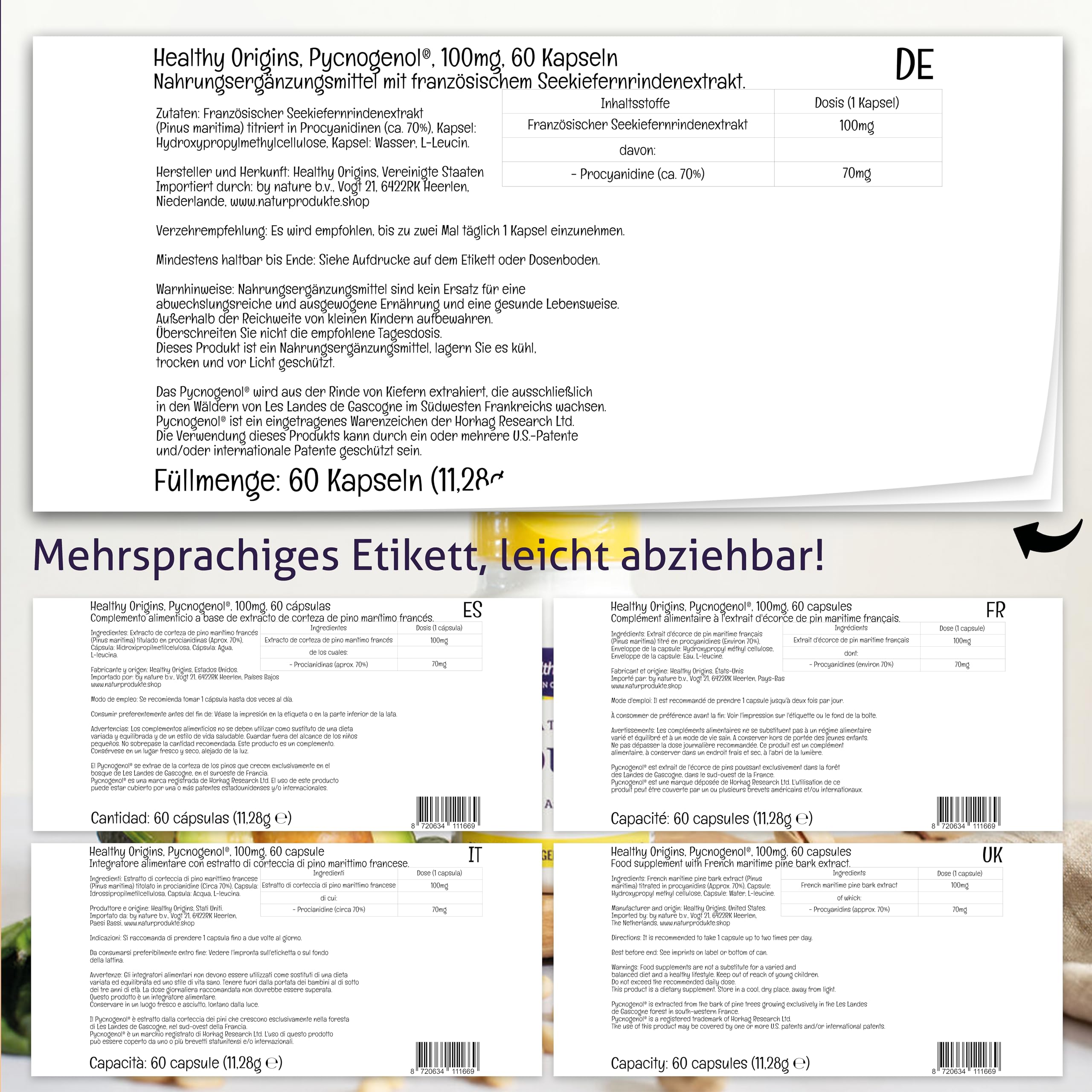 Healthy Origins, Pycnogenol, 60 vegane Kapseln, 100mg Pycnogenol je Dosis, Glutenfrei, GMO frei, Geschmacksneutral