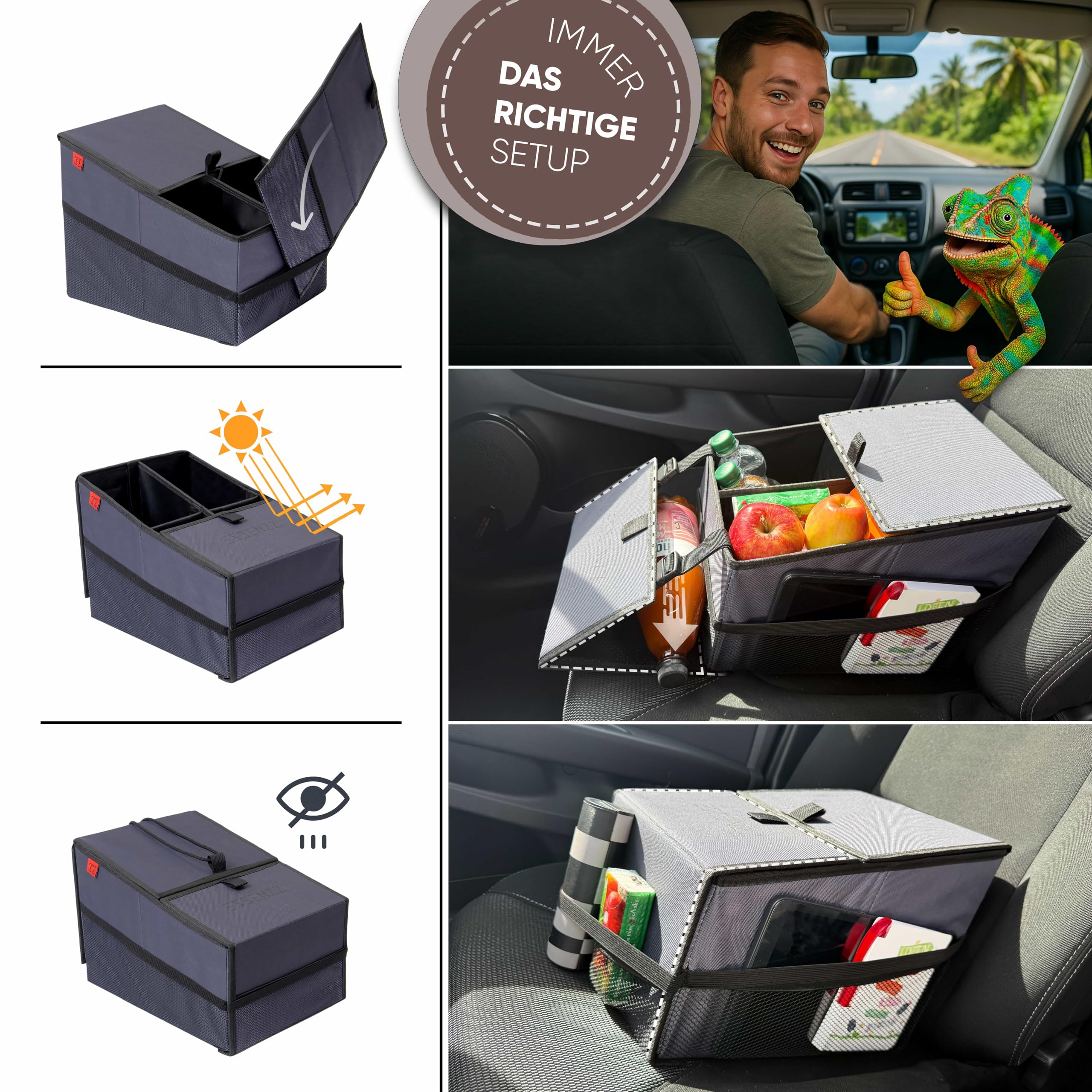 ESSENZZ ROADSSTA - Organizador para asiento trasero de coche 3 en 1 para niños con función de mesa de viaje y soporte para bebidas, asiento del copiloto y maletero
