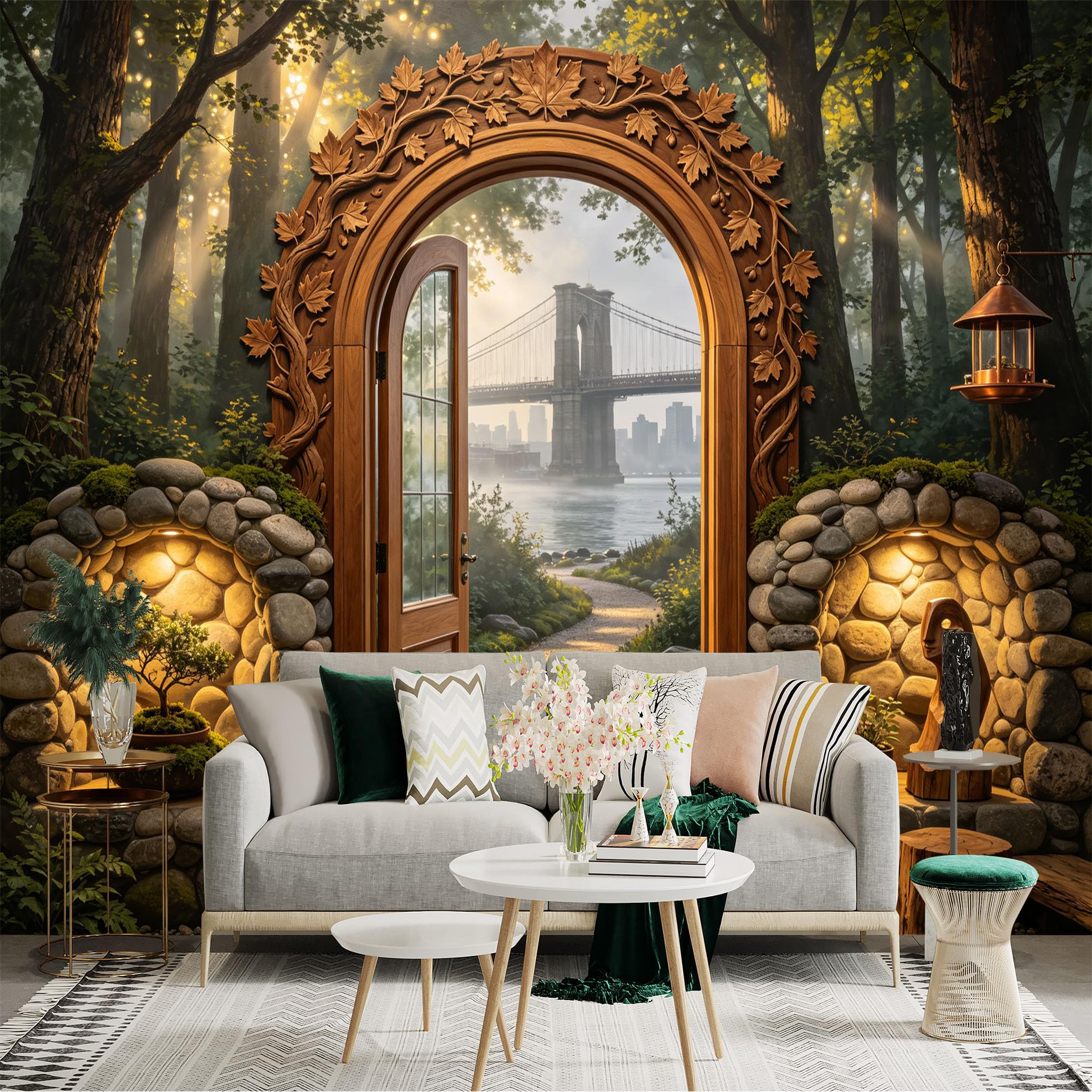 Custom Size Wall Sticker Mural， Forest Archway Door， Stone Path， River Bridge Landscape， for wall Decoration， peelandstick wall Decals.