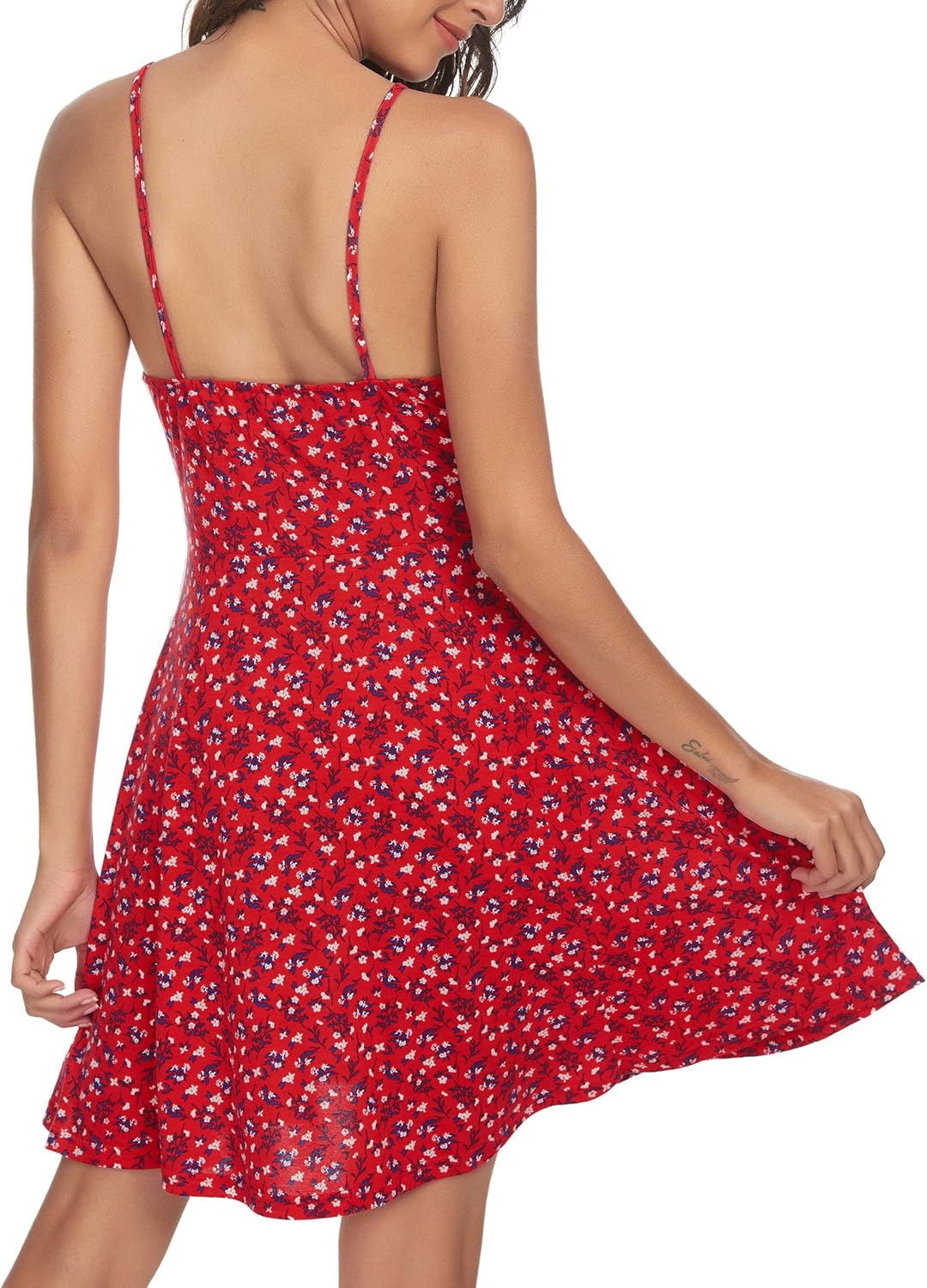 Missufe Spaghetti Strap Floral Mini Dress Women's Casual Ruched Front Drawstring Swing Sundress - Image 2