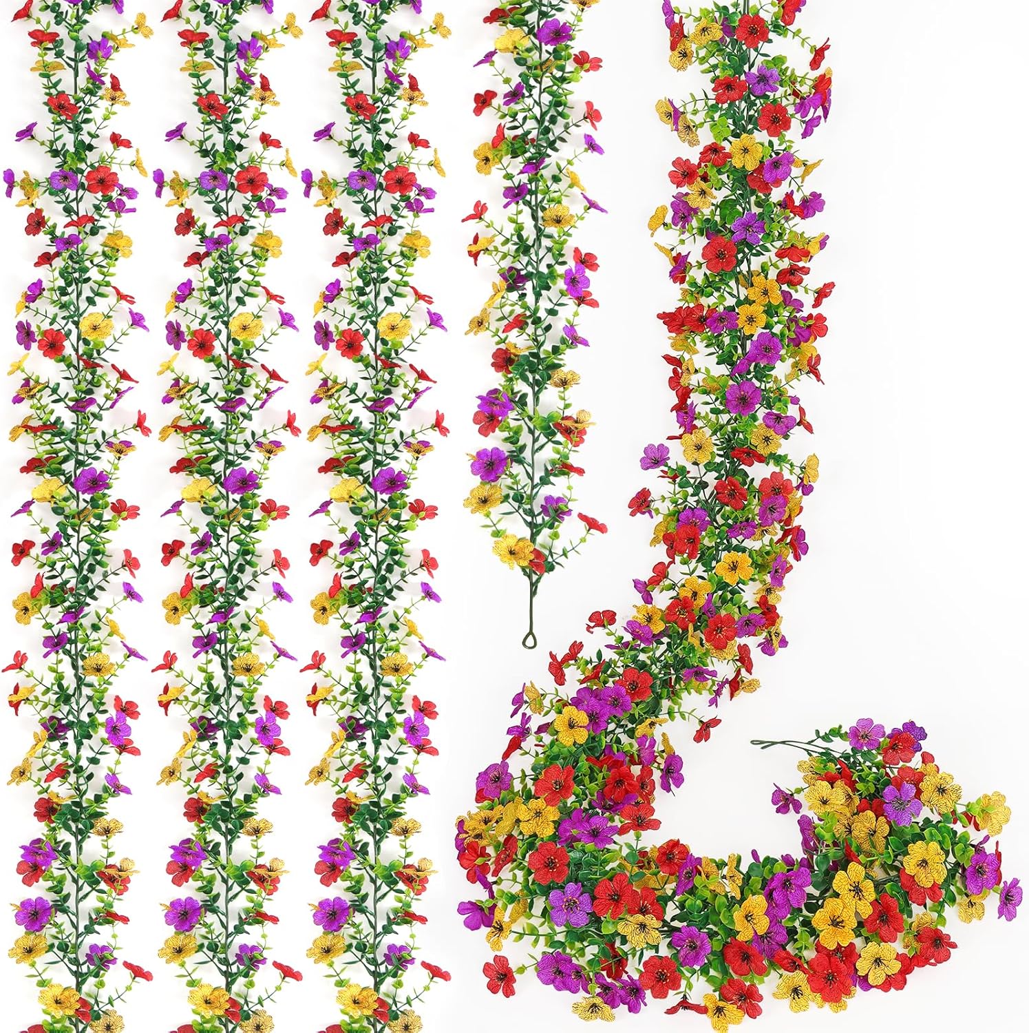 4 Pack Artificial Flower Garland,5.9FT UV Resistant Fake Daisy Floral Vine Silk Hanging Spring Wild Flower Garland for Home Mantle Garden Wedding Booth Backdrop Decor (Red Yellow Purple)