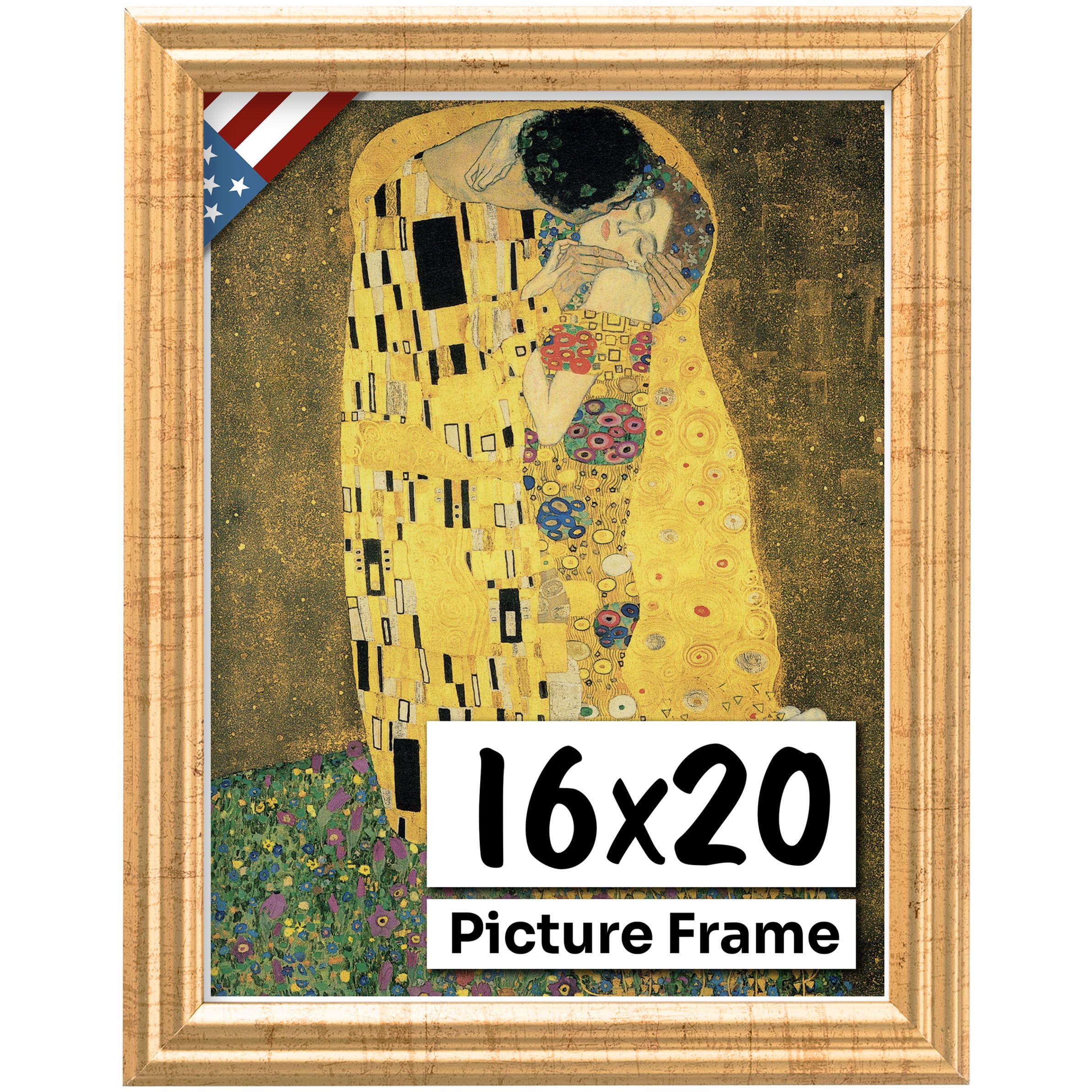 US Art Antique Gold 16x20 Picture Frame .75" Inch Wide - Gold Wall Decor Handmade Solid Wood Frames with Preinstalled Hangers and UV Blocking