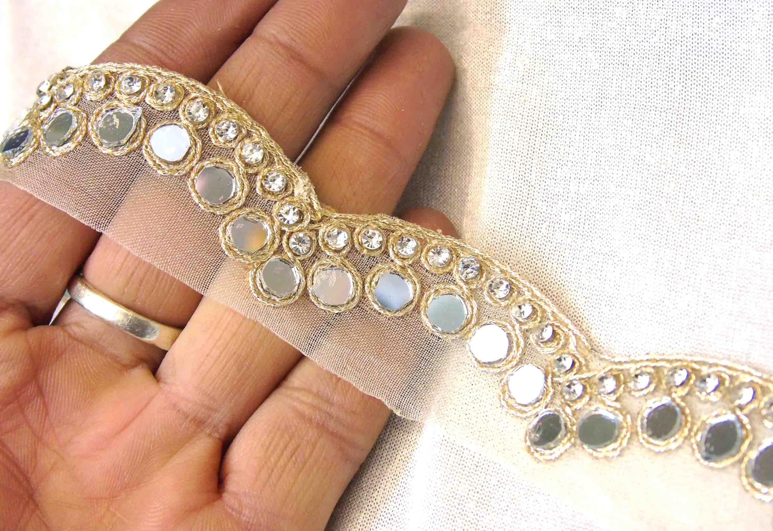 Strala Golden Color Laces for Dresses, Sarees, Lehenga, Suits, Bags, Decorations, Borders, Crafts and Home Décor,Blouse (3 mtr) Design-682 (Premium Golden Stone Mirror)