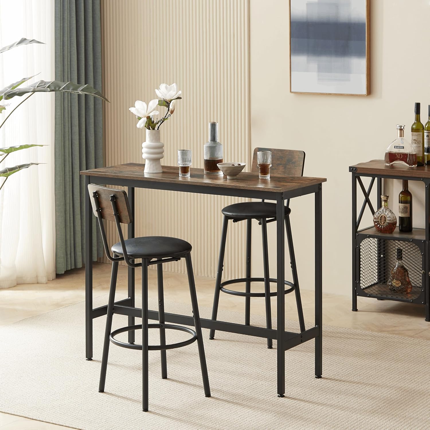 Bar Table for 2,3 Piece Industrial Bar Table and 2 Bar Stools with PU Leather Backrest,Counter Height Kitchen Dining Table with Chairs for Dining Room,Space Saving Breakfast Bar,Rustic Gray