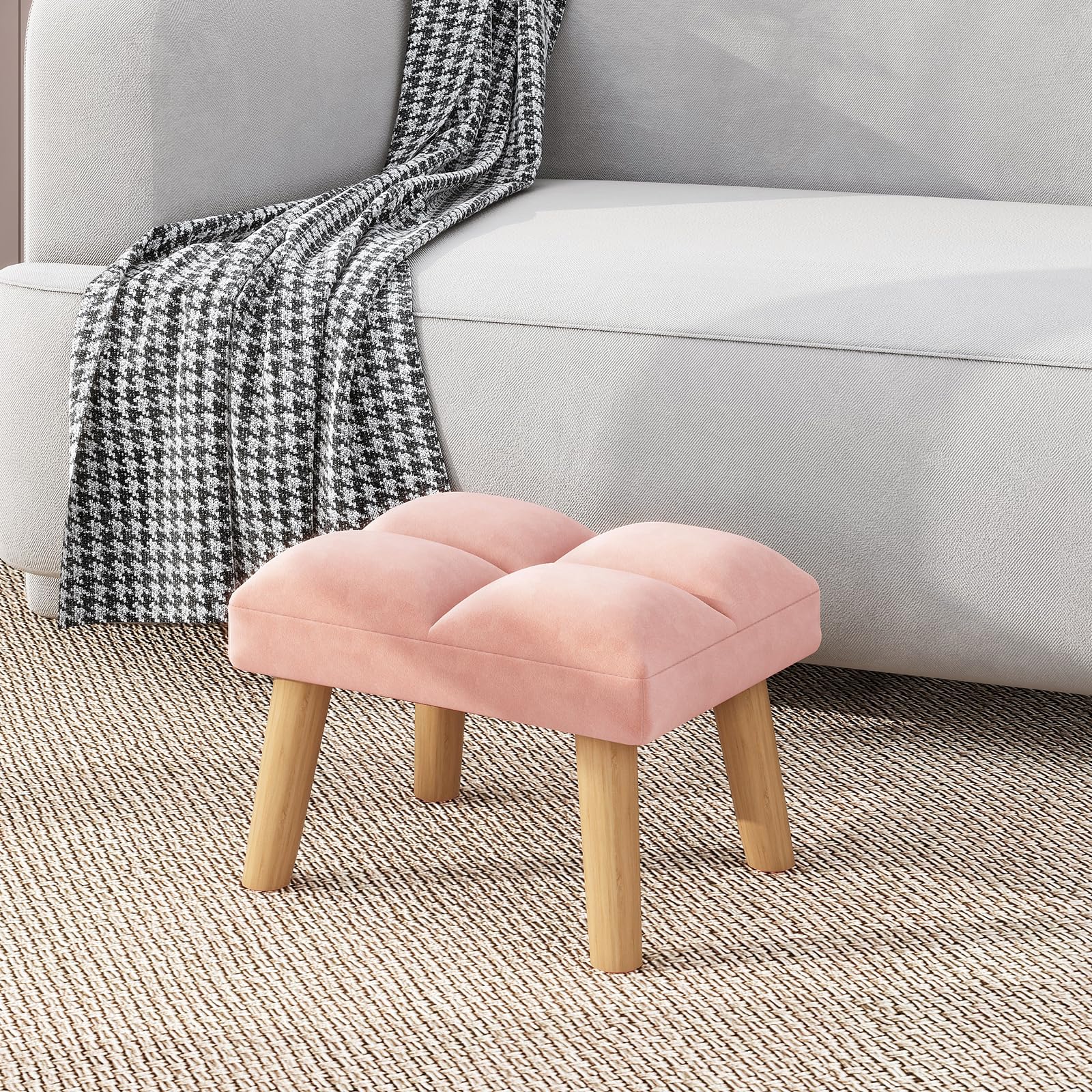 YMYNY Poggiapiedi sotto la scrivania, piccolo sgabello ottomano con gambe in legno, moderno poggiapiedi imbottito in velluto, poggiapiedi per soggiorno, ingresso 40 x 30 x 27 cm, rosa, HBD032P