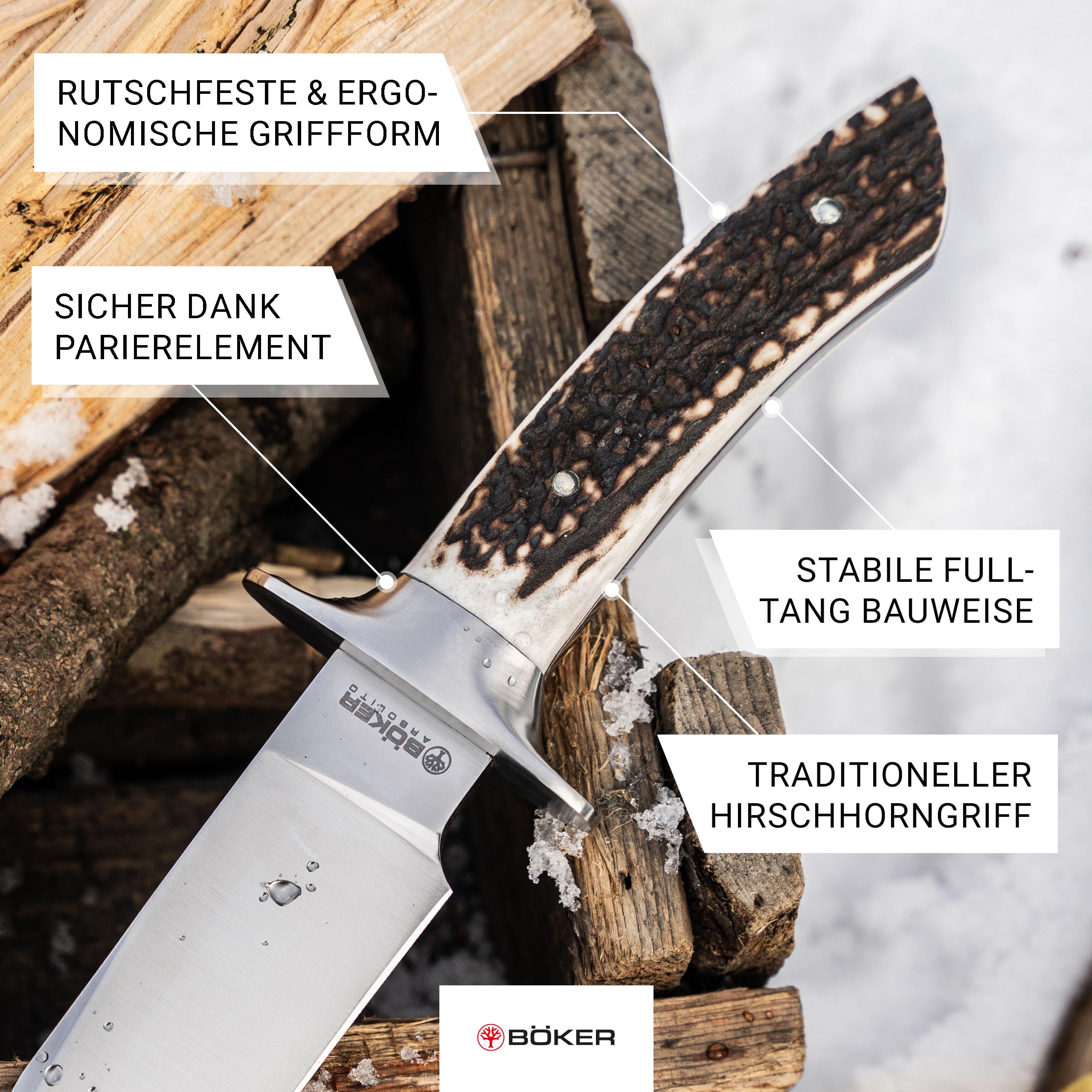 Böker ARGENTINIA® Torito HX - Outdoor Jagdmesser mit feststehender Klinge 16,2 cm - Fulltang Messer mit Hirschhorngriff echt - Hunting Knife mit Lederscheide braun - Survivalmesser mit Parierelement