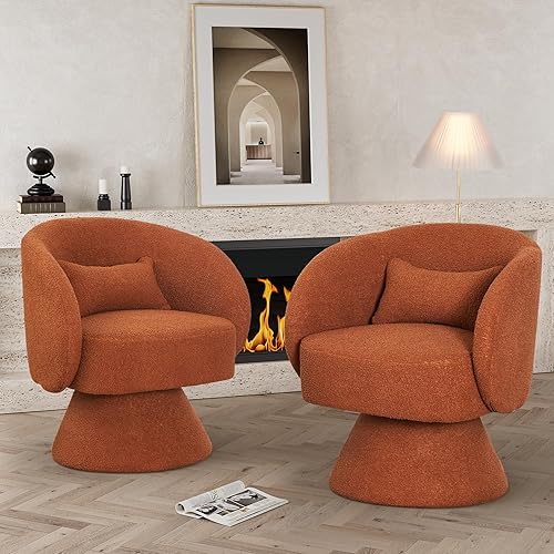Miniatura 11 de Juego de 2 sillas giratorias de barril, sillas decorativas giratorias tapizadas para sala de estar, cómodo sillón redondo pequeño y moderno de 360