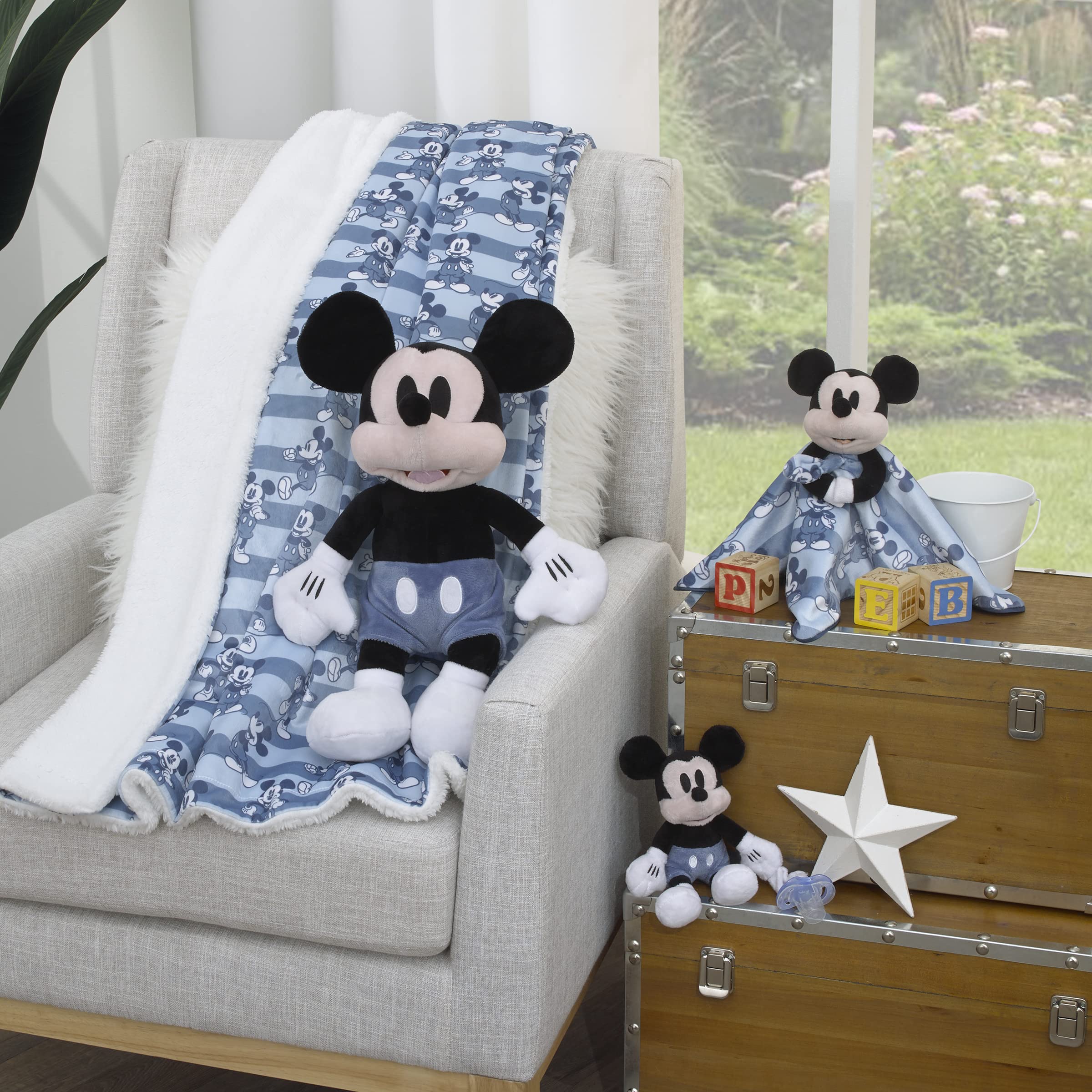 Disney Mickey Mouse Blue and White Striped Super Soft Velboa with Sherpa Back Baby Blanket