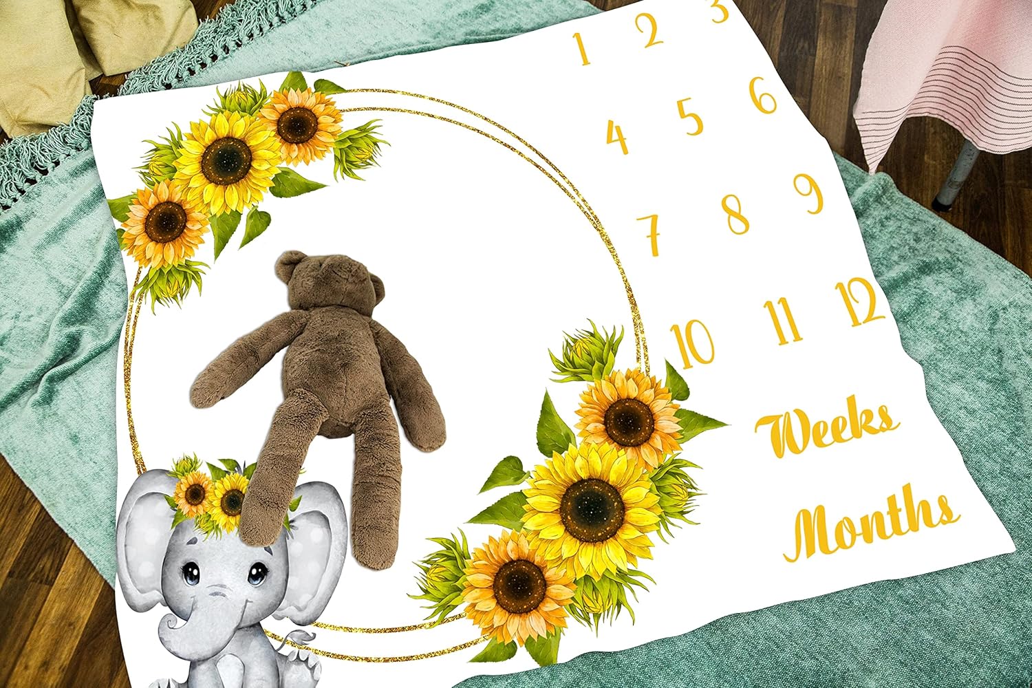 Sunflower Baby Age Blanket - Cartoon Elephant White Growth Chart Memory Blanket, 48x40 Inch Newborn Swaddling Monthly Milestone BTLSLY271 - Image 5