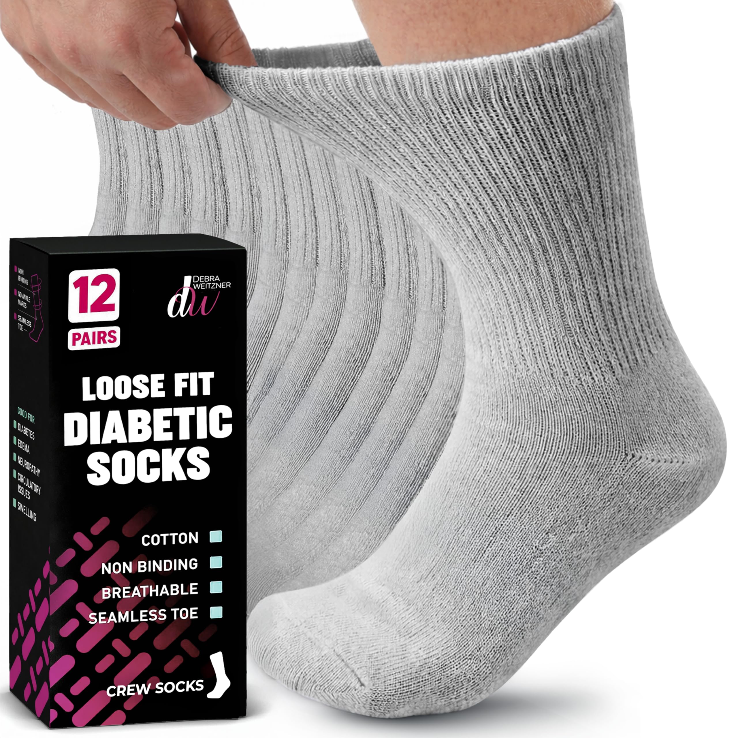 Debra Weitzner Diabetic Socks for Men & Women Loose Fit Non-binding Socks 12 Pairs Ankle/Crew