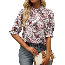 ZILIN Womens Summer Boho Floral Shirt Top Ruffle Mock Neck Puff Short Sleeve 2026 Casual Blouses