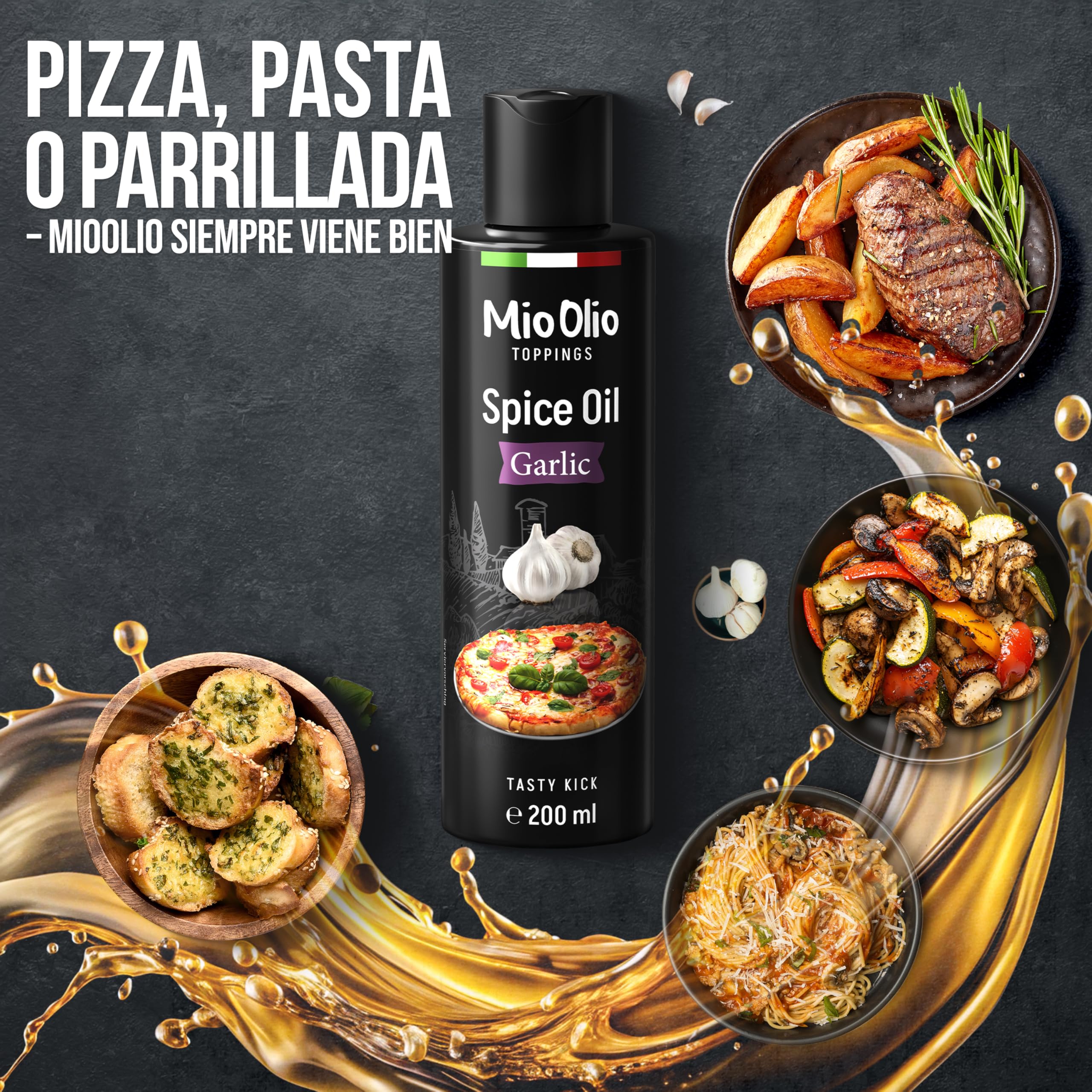 Mioolio 200 ml Aceite de Ajo - Aceite Aromático para Pizza, Pasta, Verduras y Carne - Sin Conservantes, Sin Gluten
