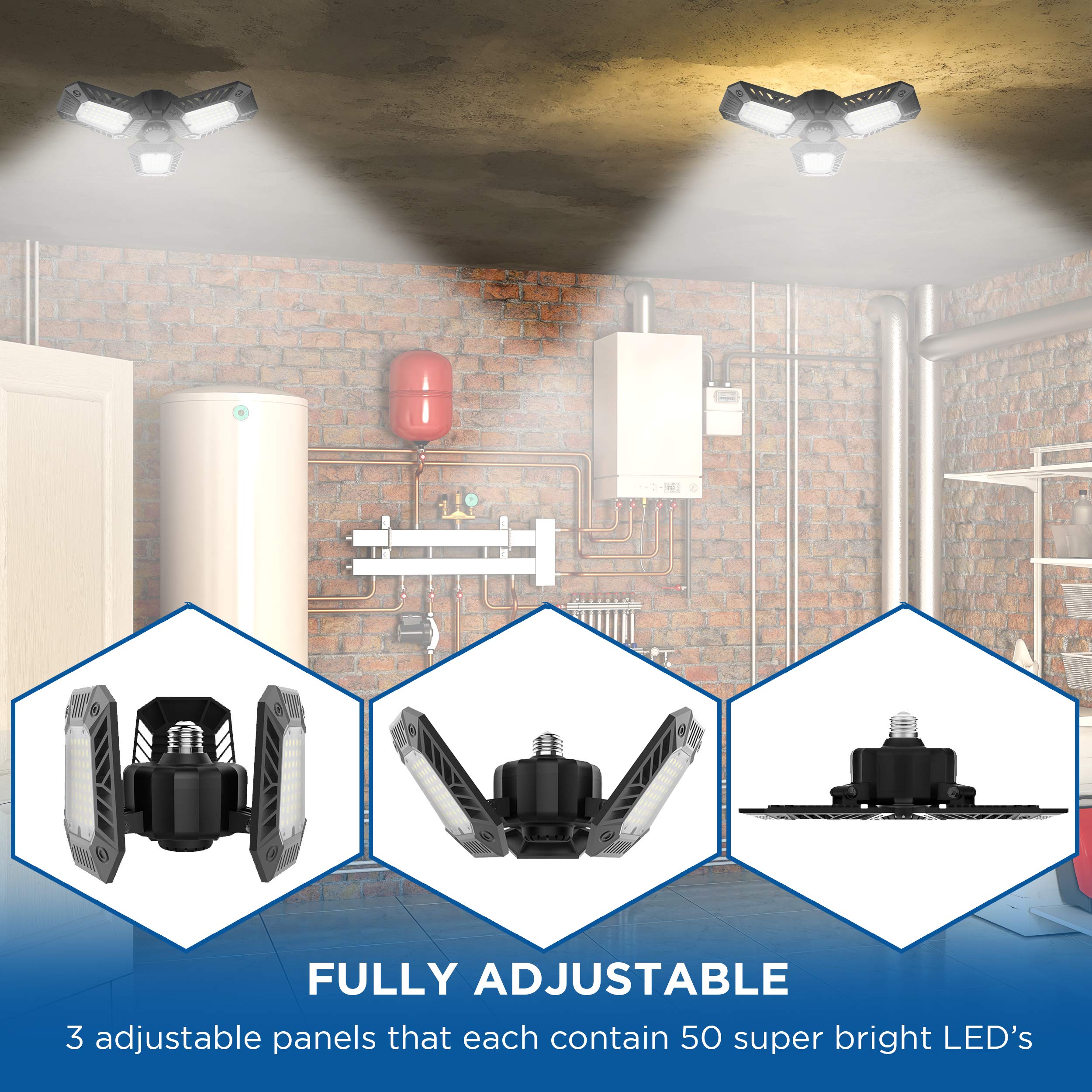 Hudson 6W LED Garage Light - 6000K Cool White deformable LED Shop Light (60W Equivalent) - E26/E27 Standard Screw Based Adjustable LED Light for Ceiling Fixture - 6000 Lumens Work Shop/Bay LED Light