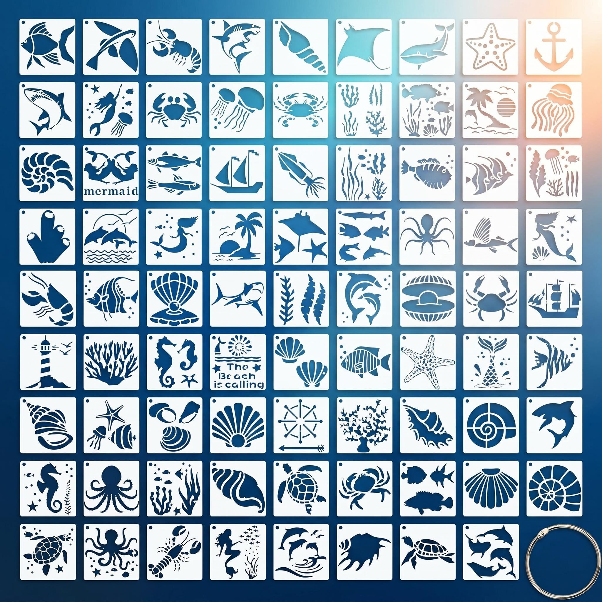 Stencils for Crafts Reusable, 80 Pcs Washable Ocean Stencils for Painting, Reusable PET Templates with Vibrant Sea Animal & Shell Designs, Wall Stencils for Home Decor Canvas Journal DIY for Adults
