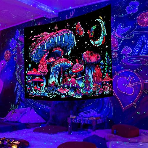 Miniatura 3 de Tapiz de hongos de luz negra, tapiz que brilla en la oscuridad, tapiz de plantas de luz negra, tapiz de fantasía reactivo a los rayos UV, hongo,