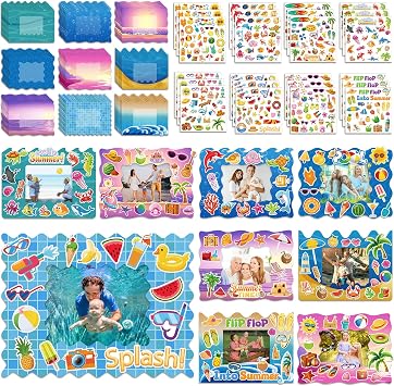 Ctosree 54 Packs Summer Picture Frames Craft Kit DIY Photo Frame Craft with Stickers Summer Cardboard Photo Frame Craft Under The Sea Craft Kits Game Activities Beach Pool Party Favors