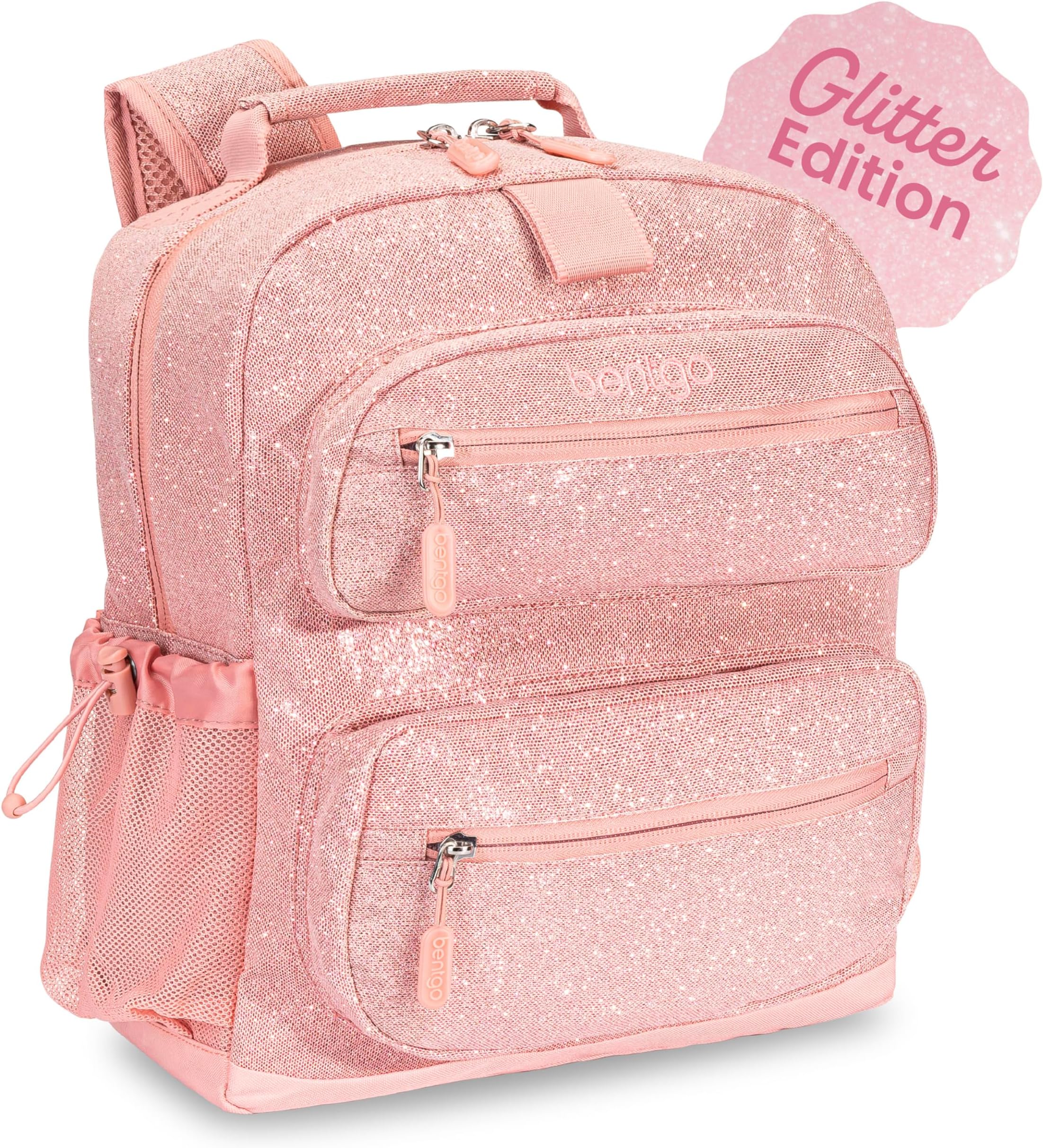 Bentgoยฎ Kids Glitter Backpack - Lightweight 14โ Backpack for School, Travel & Daycare, Ideal for Ages 4+, Durable & Water-Resistant, Roomy Interior, & Loop for Lunch Bag (Glitter Edition - Petal Pink)