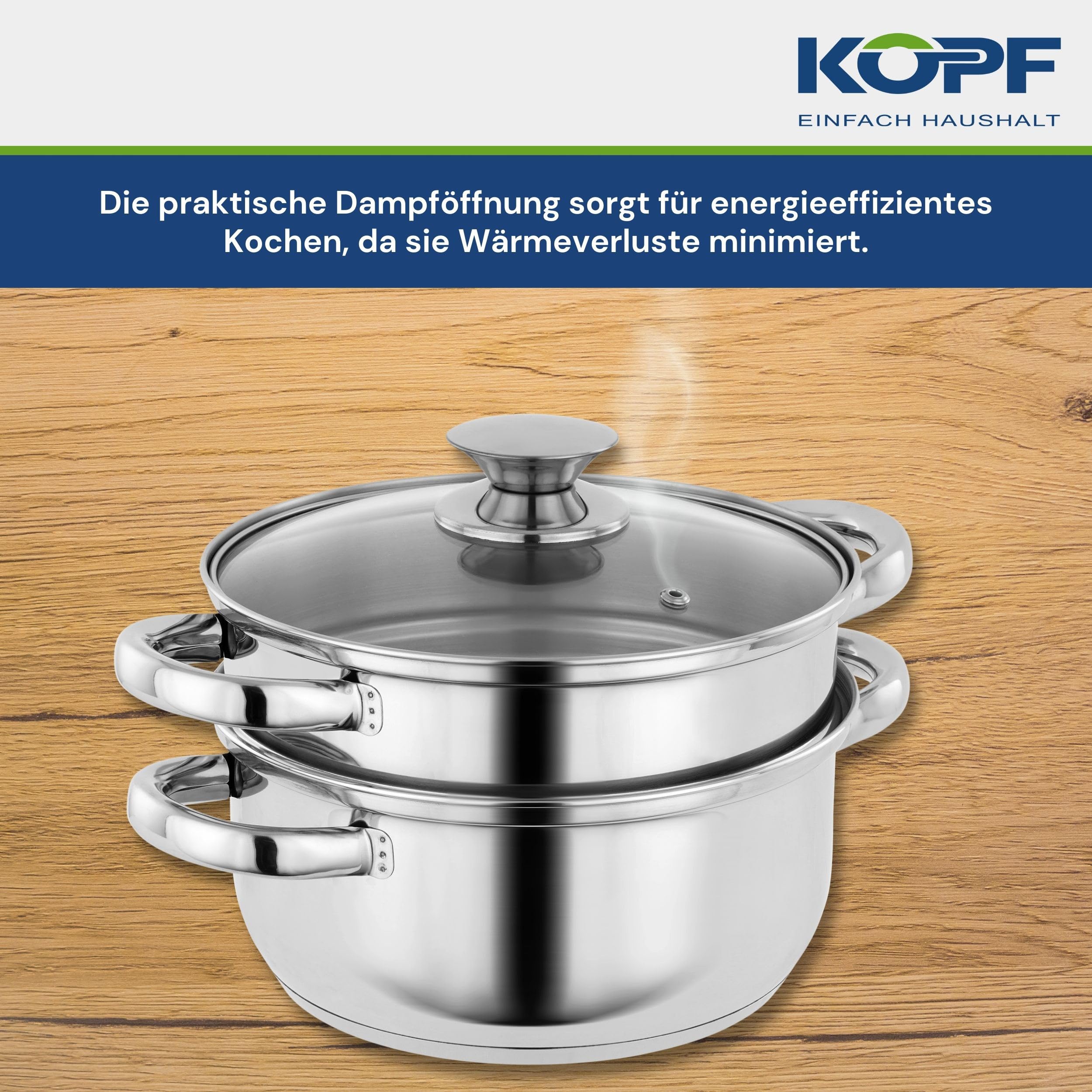 KOPF Topfset Janina 19-teilig aus Edelstahl, Induktion-Kochtopf-Set, 7X Töpfe, 1x Spargelotpf, 1x Stielkasserolle, 2X Sieb und 8X Glasdeckel