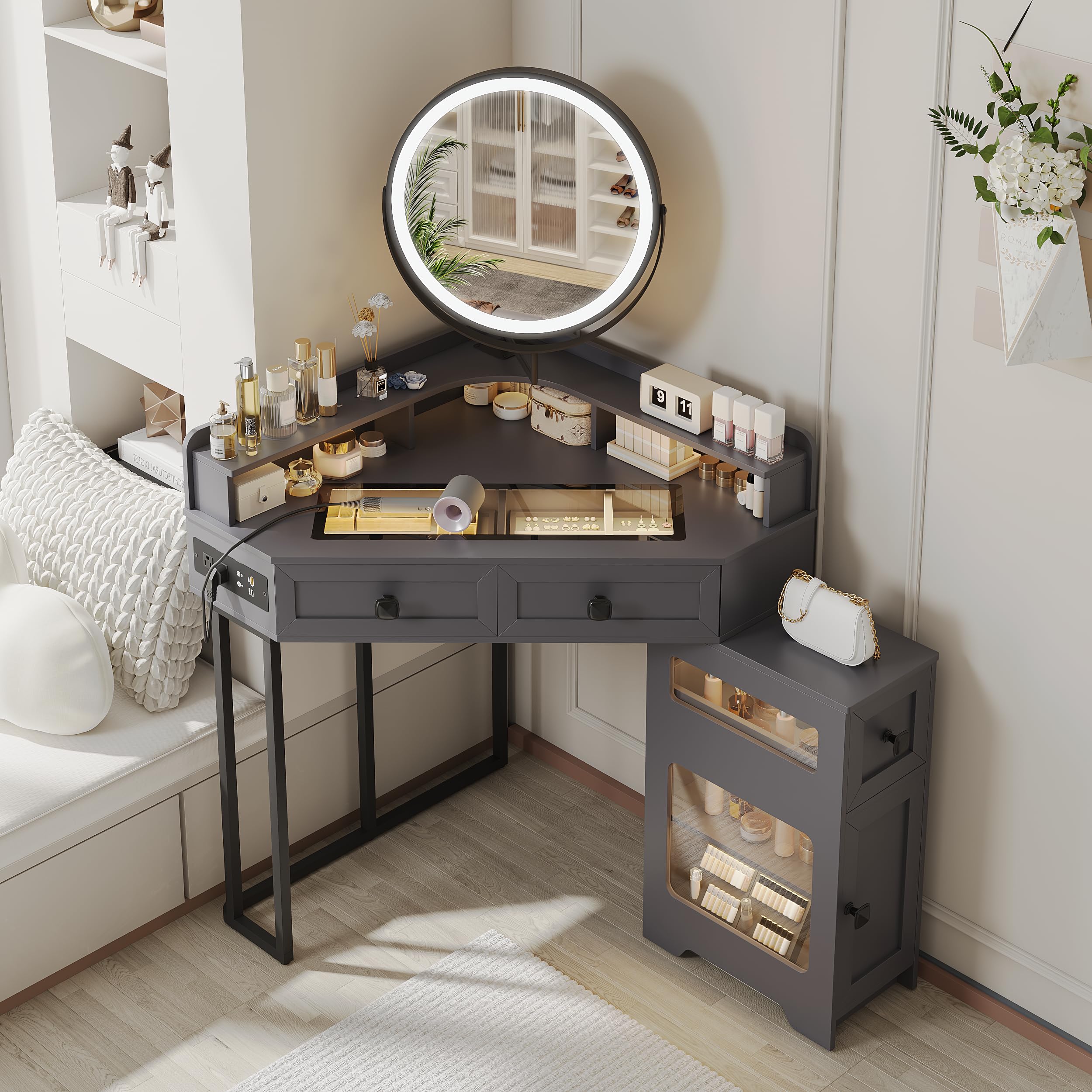 Corner Vanity Desk with Mirror and Lights, Modern Makeup Vanity with Charging Station & Human Sensor Light, Glass Top Dressing Table with 4 Drawers & Shelves for Bedroom (Grey)