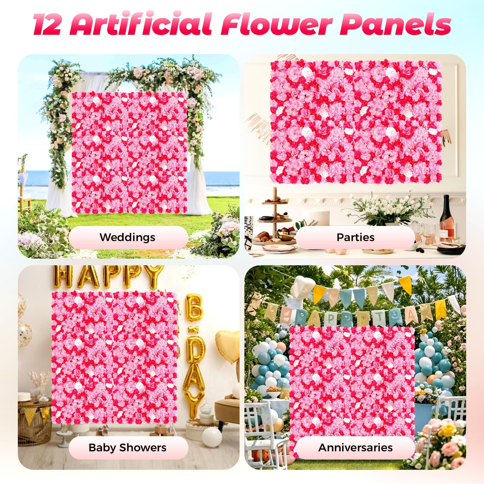 Künstliche Seidenblumen Wandpaneele für Balkon Garten Hochzeit Dekoink Rose Rot 12 Stück 60x40cm