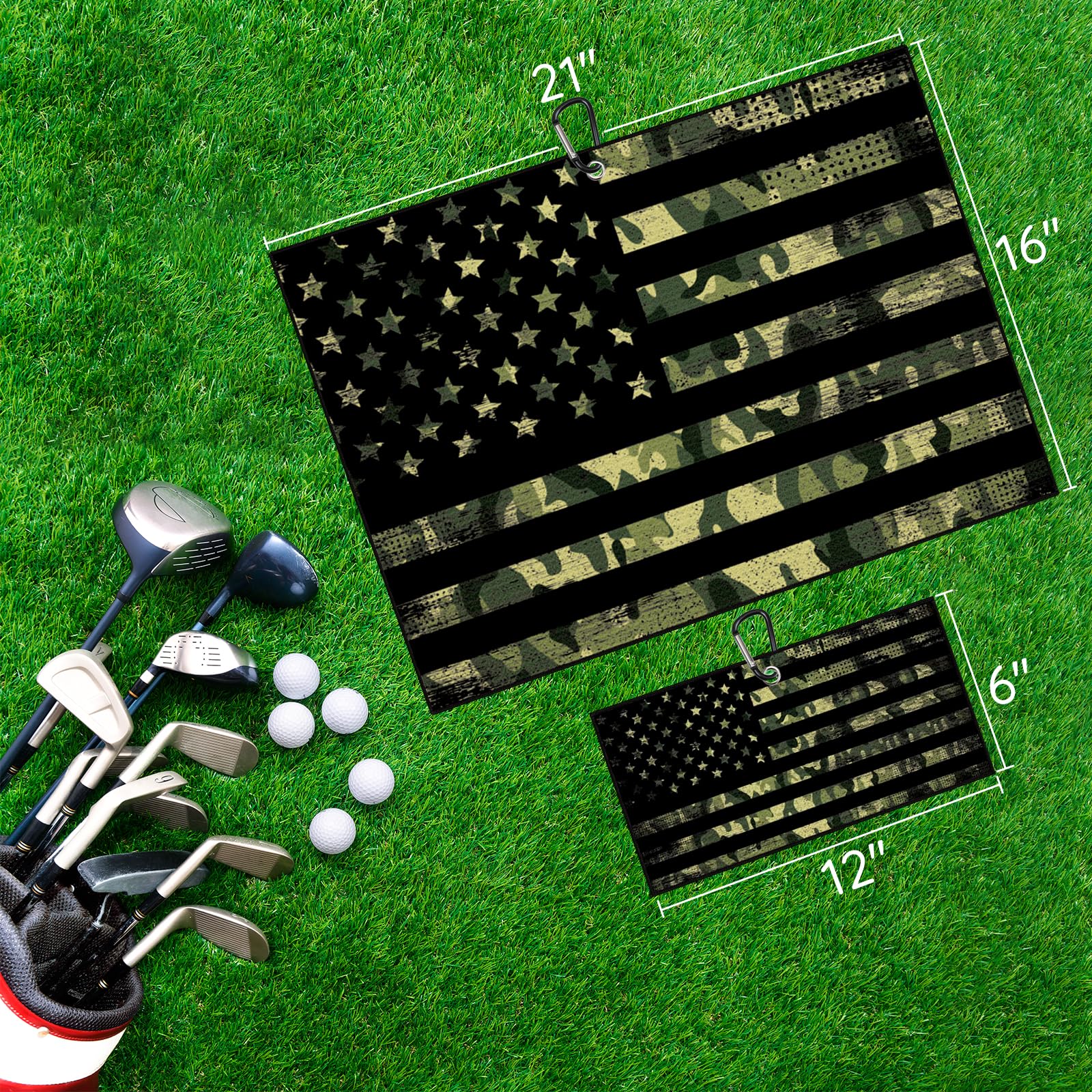 Paquete de 2 toallas de golf de camuflaje con bandera estadounidense, toallas de golf vintage para bolsas de golf, hombres y mujeres, toalla de golf de microfibra de camuflaje verde con clip,