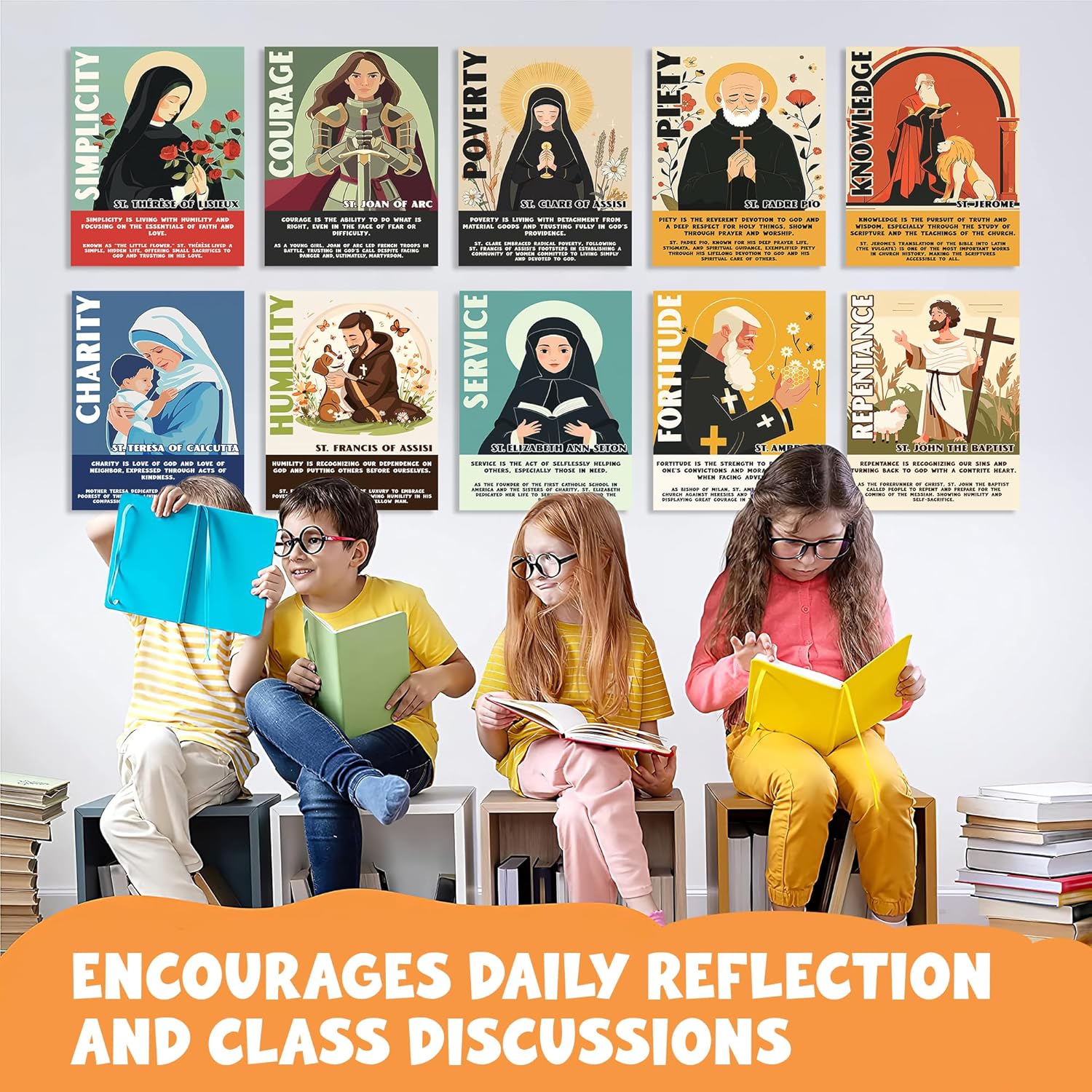Catholic Saints Posters for Kids - Set of 16 (11x14) Unframed Christian Classroom Decor - Bible Virtues Quotes from Saints - Sunday School & Faith Bulletin Board Decorations