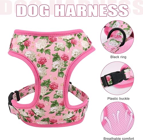 Miniatura 2 de Beirui Lindo juego de collares, arneses y correas para perro hembra, juego de collar y correa ajustable con flor, arnés de malla suave para