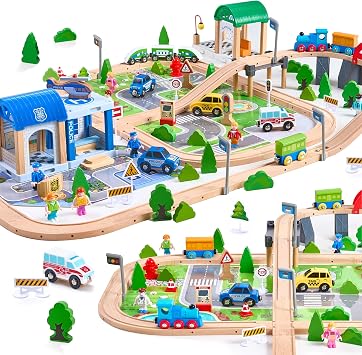 172Pcs Wooden Train Set for Toddlers, Wooden Train Track - Expandable and Changeable, Safe Educational Train Toys Gift for Boys & Girls Kids Ages 3-5 4-8, Compatible with All Major Brands