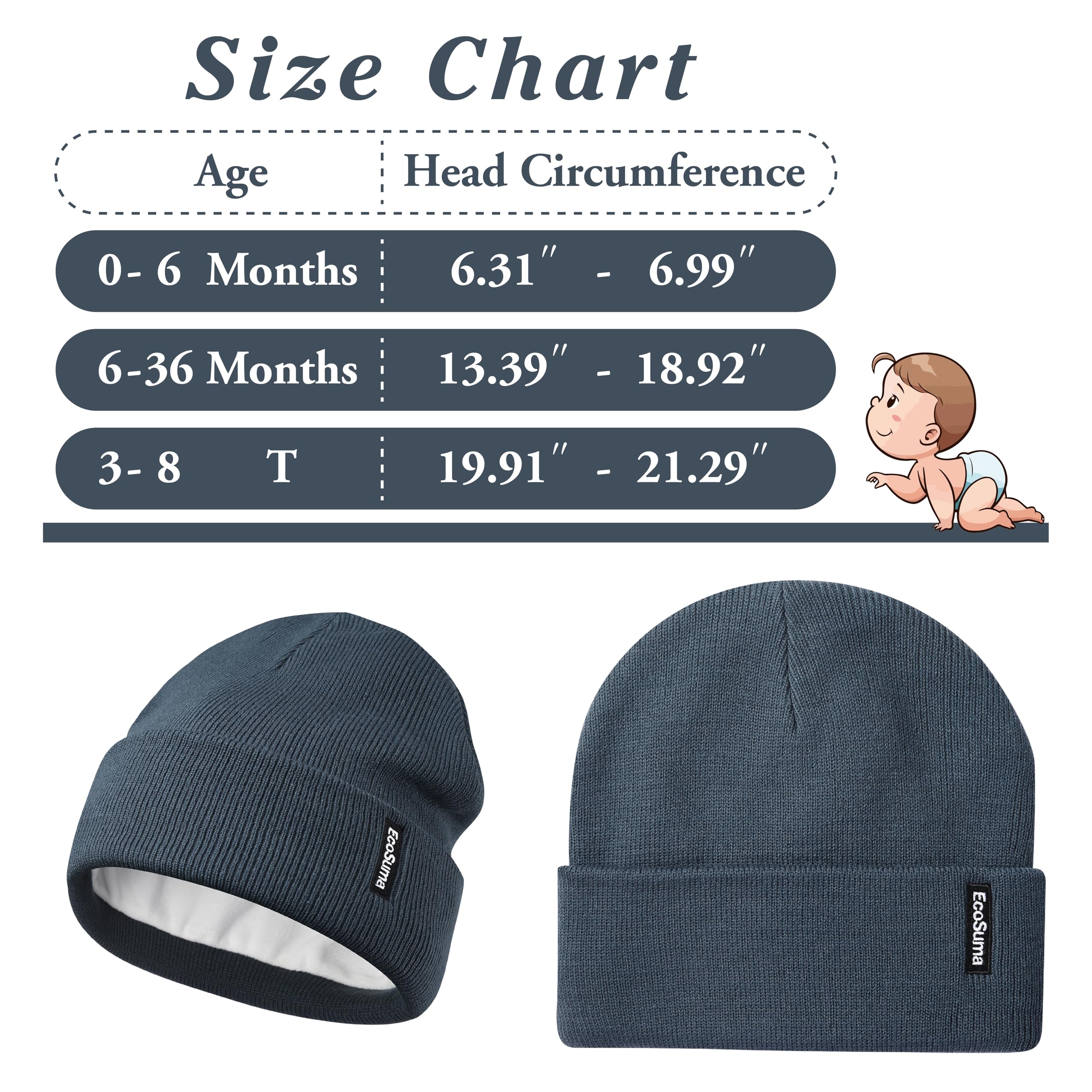 ECOSUMA Baby Boy Beanie 6-12,12-18,18-36 Months Gray Apricot/Deep Teal 2 Pack