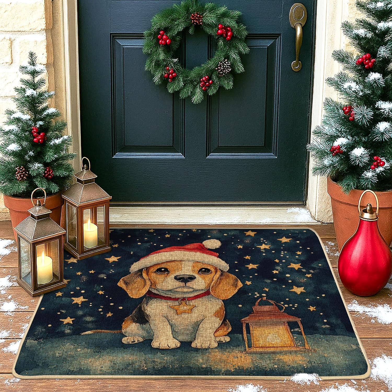 Christmas Beagle Dog Front Black Door Mat Outside Inside Entrance 29 * 17, Cute Xmas Stars Outdoor Indoor Non Slip Doormat, Small Pet Shoes Off Doormat for Patio Home