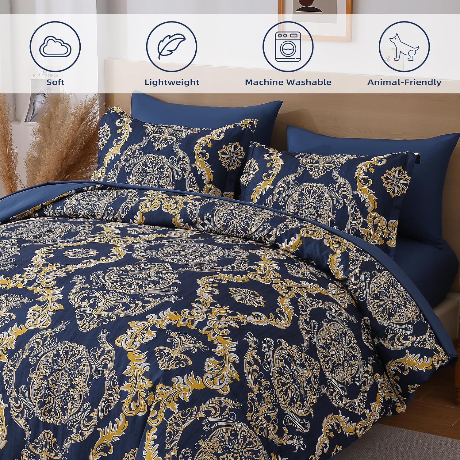WONGS BEDDING Blue Gold Comforter Set King Size, Damask Texture 7 Pieces Bed in a Bag Microfiber Comforter Bedding Sets -1 Comforter, 1 Flat Sheet, 1 Fitted Sheet, 2 Pillow Shams, 2 Pillowcases - Image 4