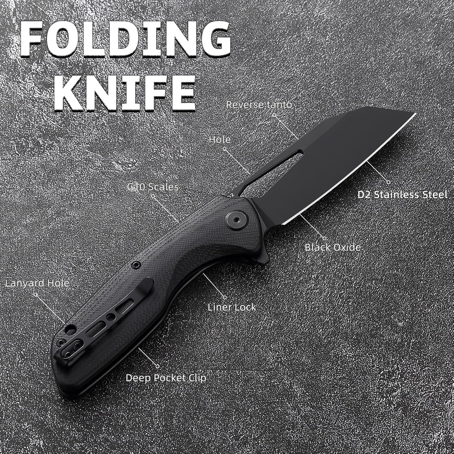Flipper Reverse Tanto Pocket Folding Knife: 3.54" D2 Steel Blade with G10 Handle Scales, Reversible Clip, Liner Lock, EDC Camping Knives, Great Gifts for Men Women, Black