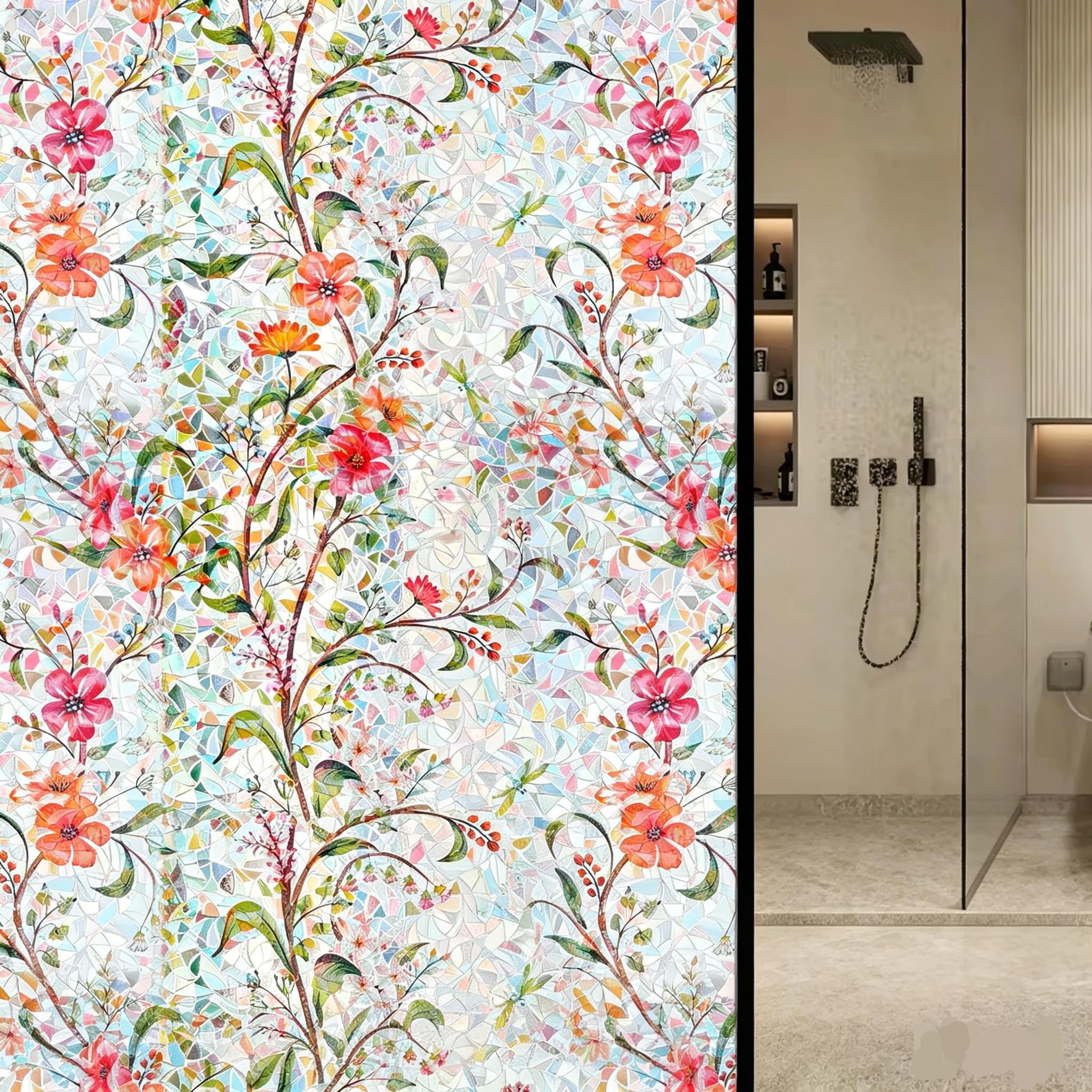 Alvorox Stained Glass Window Film, 90x200cm Flowers Privacy Film for Windows Glass Door Bathroom Kitchen, UV Heat Block, Decorative Window Cling — image 1