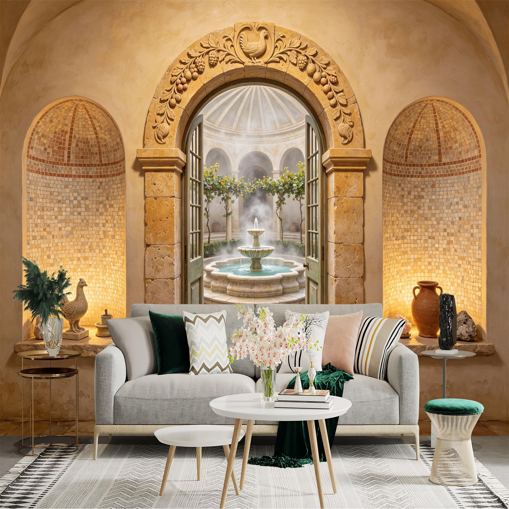 Custom Size Wall Sticker Mural， Mediterranean Courtyard with Stone Arch， Fountain and Mosaic Alcoves， for wall Decoration， peelandstick wall Decals.