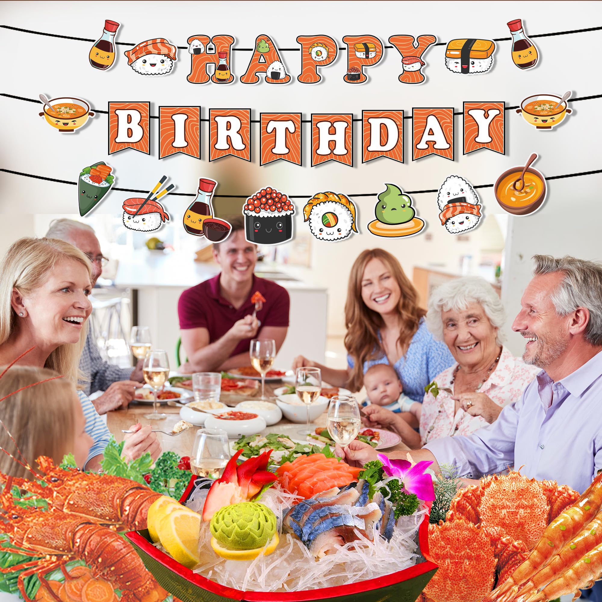 Pancartas de sushi con texto en inglés «Happy Birthday» – 3 unidades de guirnaldas de sushi japonesas, decoraciones de fiesta de sushi japonés, suministros para fiestas de cumpleaños con temática de 8