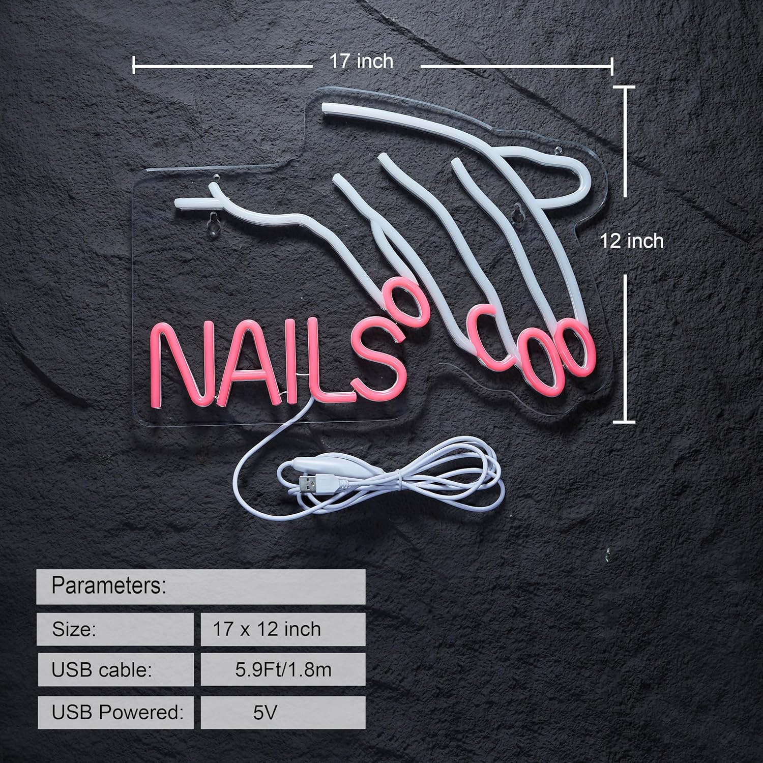 Nails Salon Neon Sign Dimmable Neon Light for Wall Decor Powered by USB Adapter for Beauty Store Room Gift Light and Shop Decorative Signs (17x12inches) - Image 2