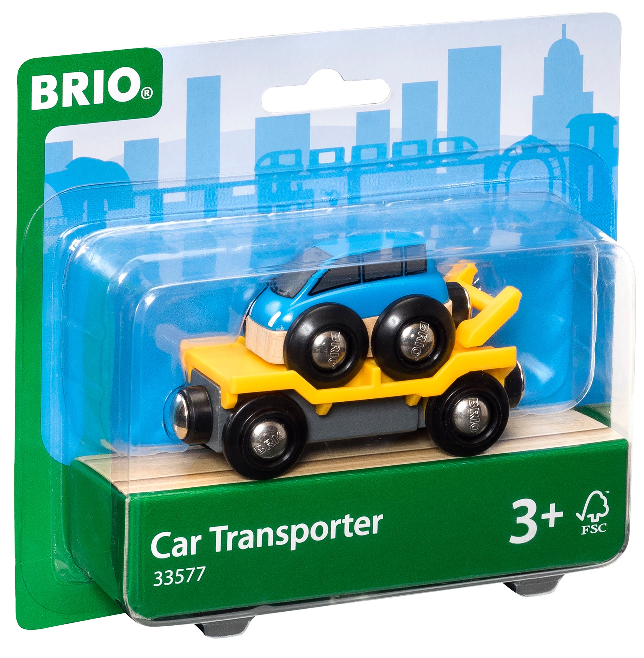 BRIO World 33204 Parkhaus, Straßen & Schienen – Eisenbahnzubehör für die BRIO Holzeisenbahn – Empfohlen für Kinder ab 3 Jahren & Bahn 33577 - Autotransporter mit Rampe