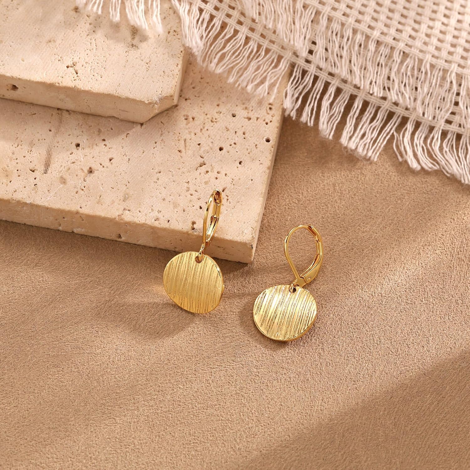 Freekiss Disc Leverback Earrings for Women: Dainty 14k Gold Plated Dangle Earrings for Women Hypoallergenic Hammered Teardrop Coin Earring Set Gold Jewelry for Womens Trendy - Image 7
