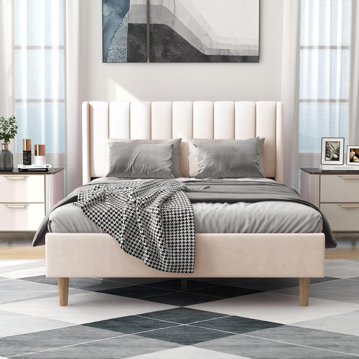 alazyhome Upholstered Platform Full Size Bed Frame with Headboard Wooden Slats Support No Noise Easy Assembly Beige Velvet - Image 3