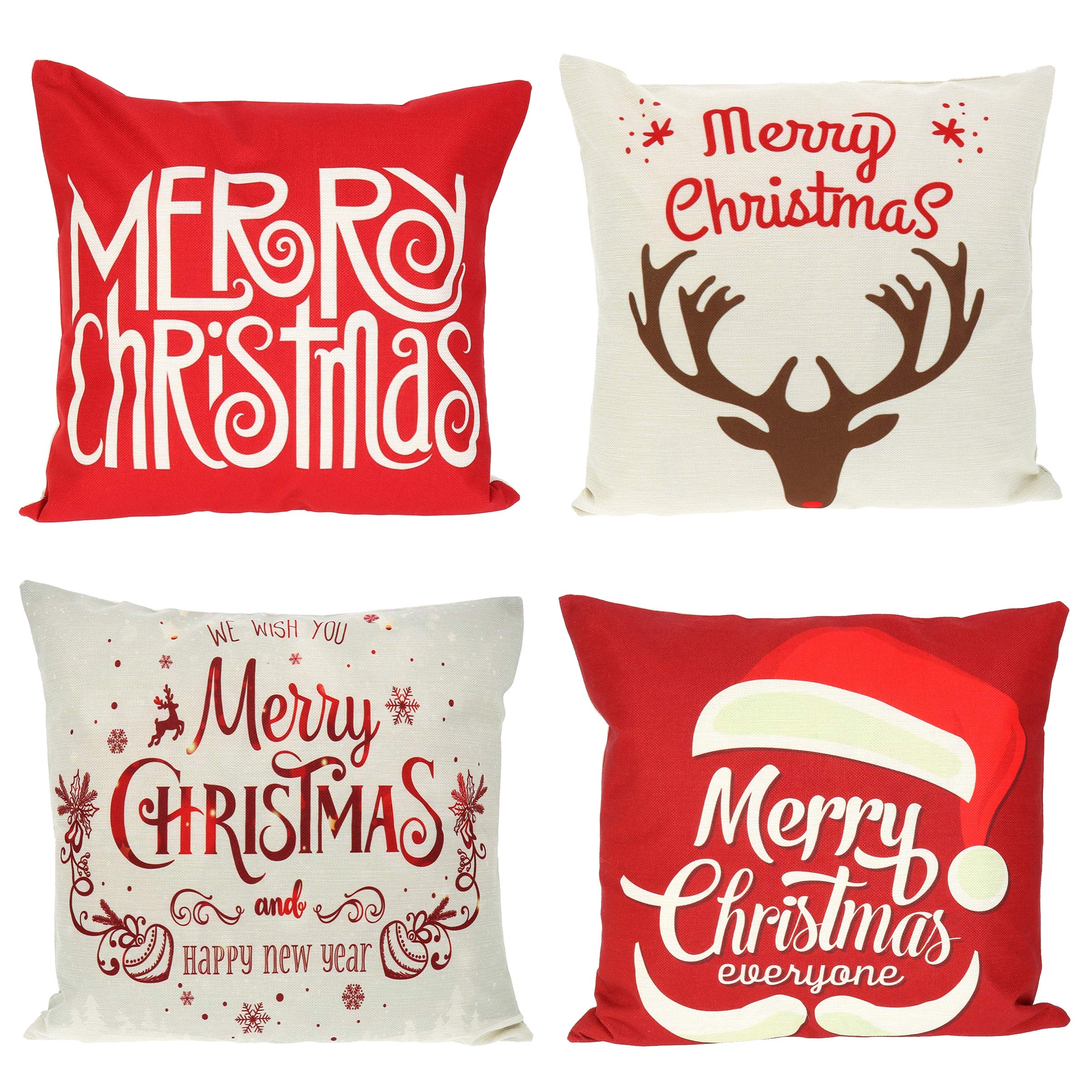 ShIPITNOW Set of 4 Christmas Cushion Covers 45 x 45 cm – Reindeer and Father Christmas Design – Red and Beige – Square Shape – Thick Linen Look Fabric – Christmas Decoration, Sofa Decoration