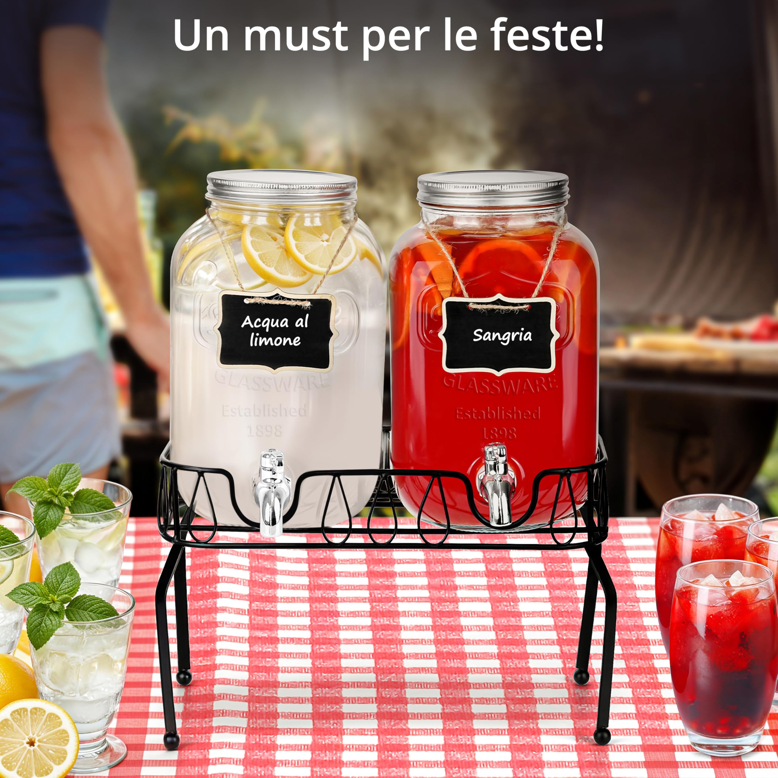 Winter Shore Distributore Bevande in Vetro da 3,8L con Supporto [Set da 2] - Dispenser Bevande in Materiali Alimentari e Senza BPA per Succo, Tè - 2 Dispenser con Rubinetto e 2 Etichette in Legno