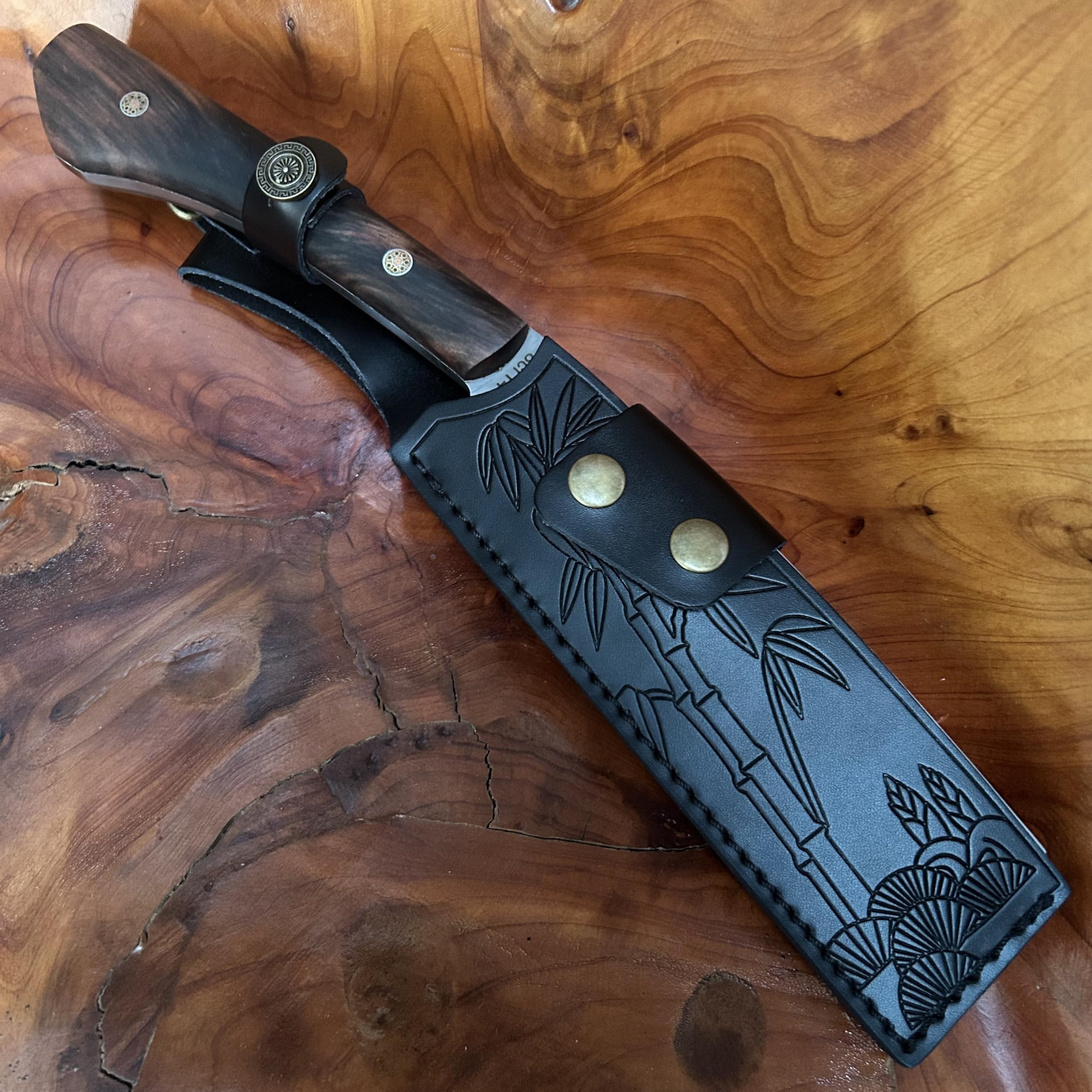 34,5cm【Handgefertigte Machete】 Japanische Tradition NATA, Klinge aus 60HRC Kohlenstoffstahl, Griff aus Ebenholz, mit Scheide aus Rindsleder