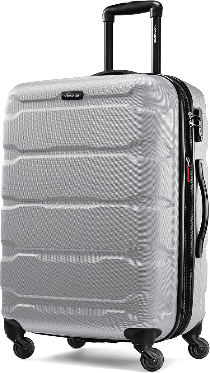 Samsonite Omni PC Hardside Expandable Luggage with Spinner Wheels, Silver, Checked-Medium 24-Inch